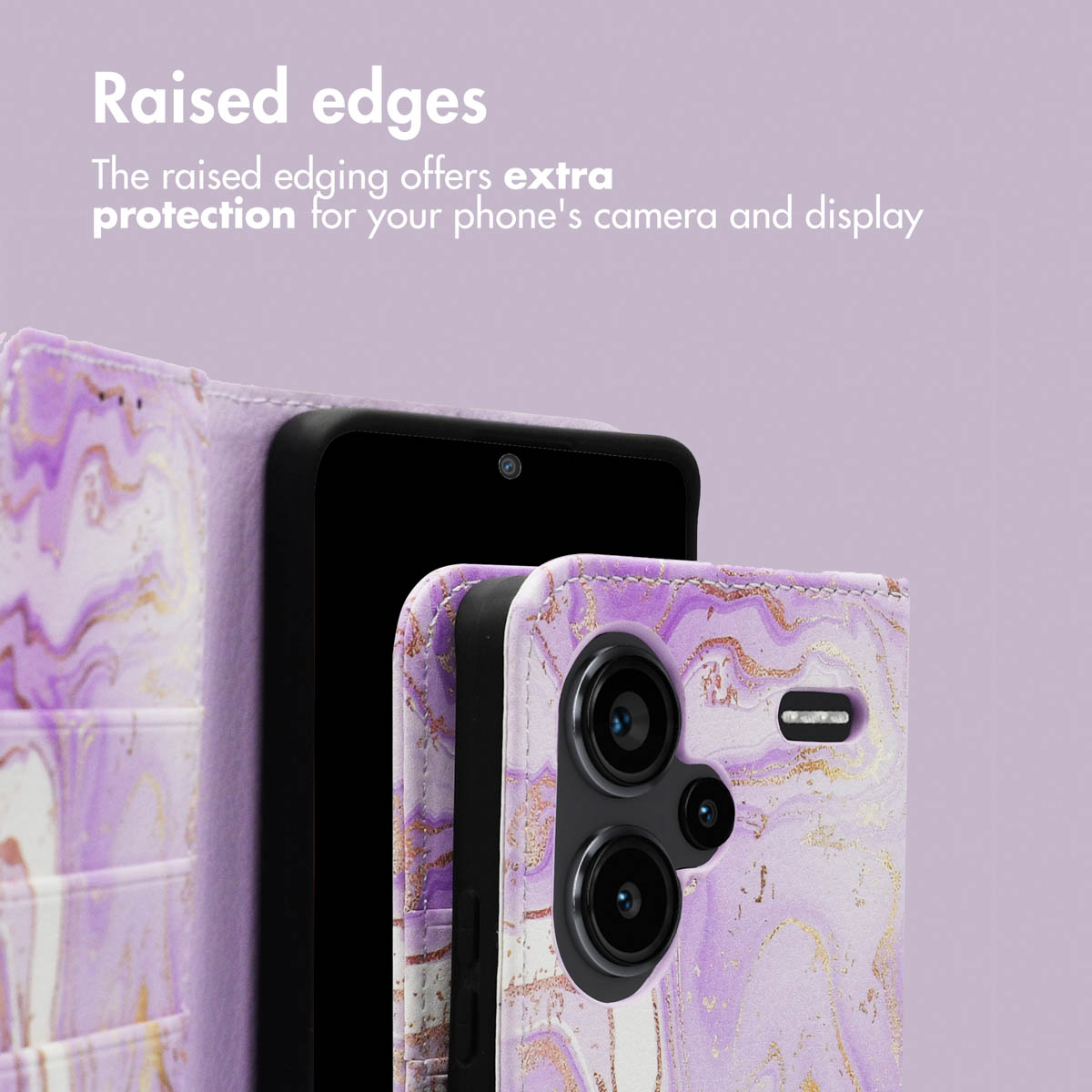 Fundá de mármol morado con bordes elevados para proteger la cámara y la pantalla sobre fondo morado.