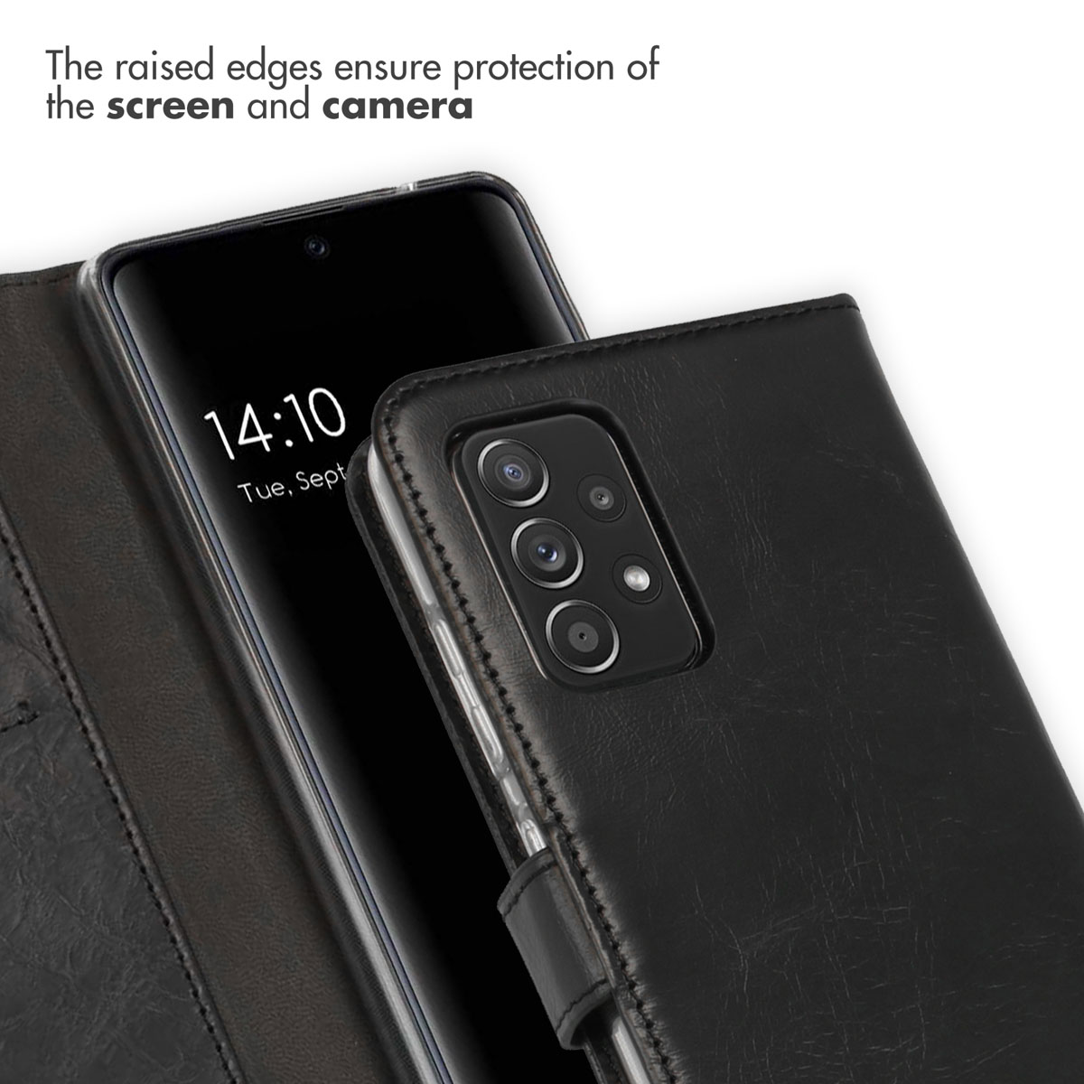 Ein schwarzes Smartphone mit Lederhülle und erhöhten Rändern für Schutz.
