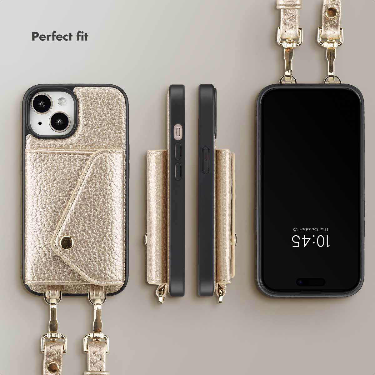 Gouden leren telefoonhoesje met kaartzak en draagriem, getoond van voren, zijkant en achterkant.