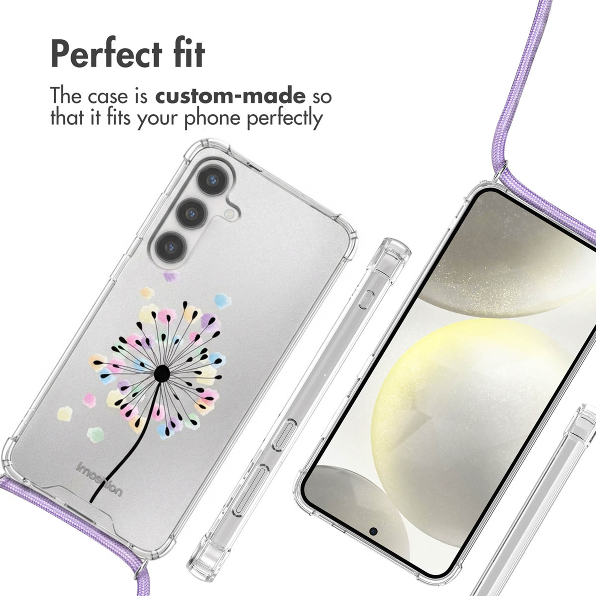 Coque de téléphone transparente avec motif pissenlit et lanière violette.