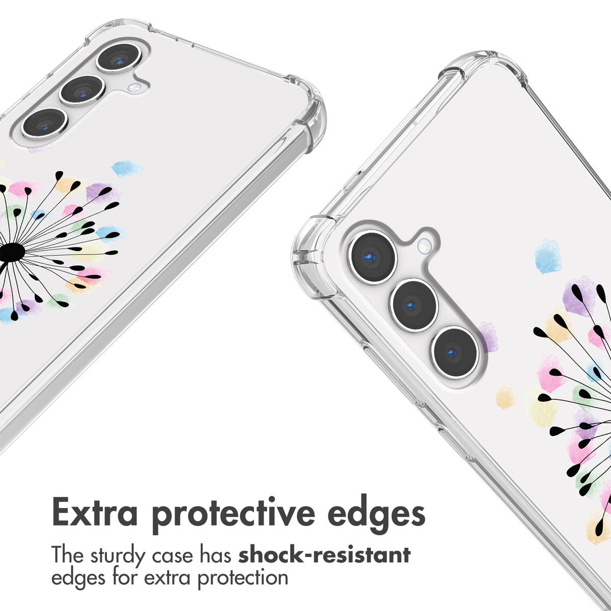 Coque de téléphone transparente avec coins de protection et motif de pissenlit.