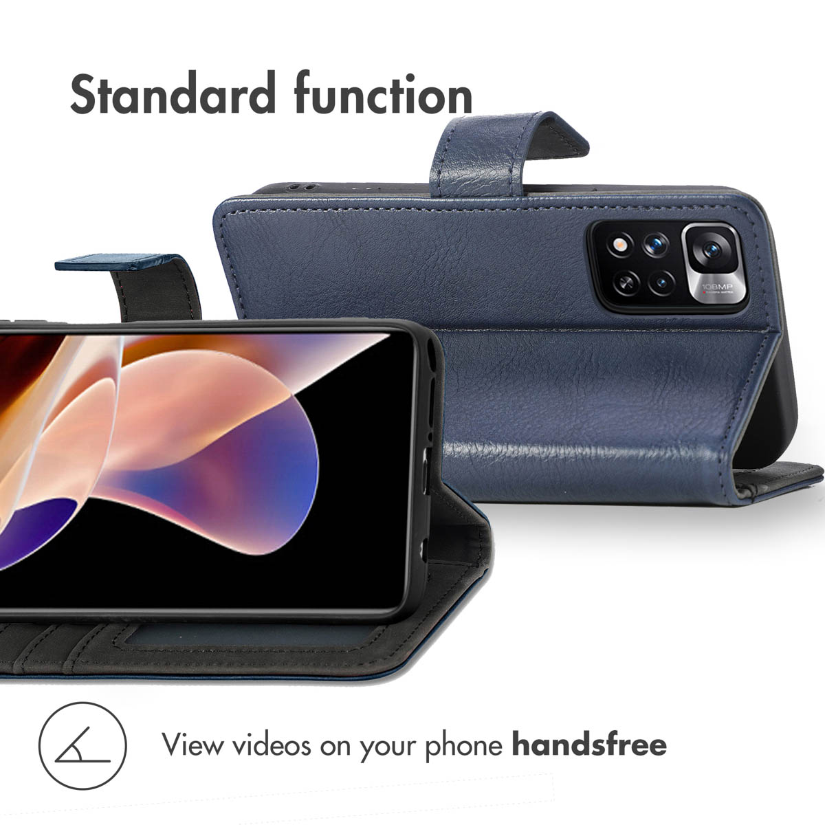 Una custodia in pelle blu per telefono che funge da supporto per video a mani libere.