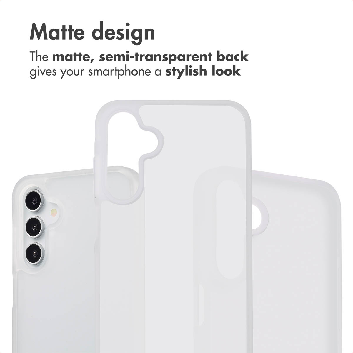 Una funda de smartphone mate semitransparente con recorte para cámara y texto arriba.