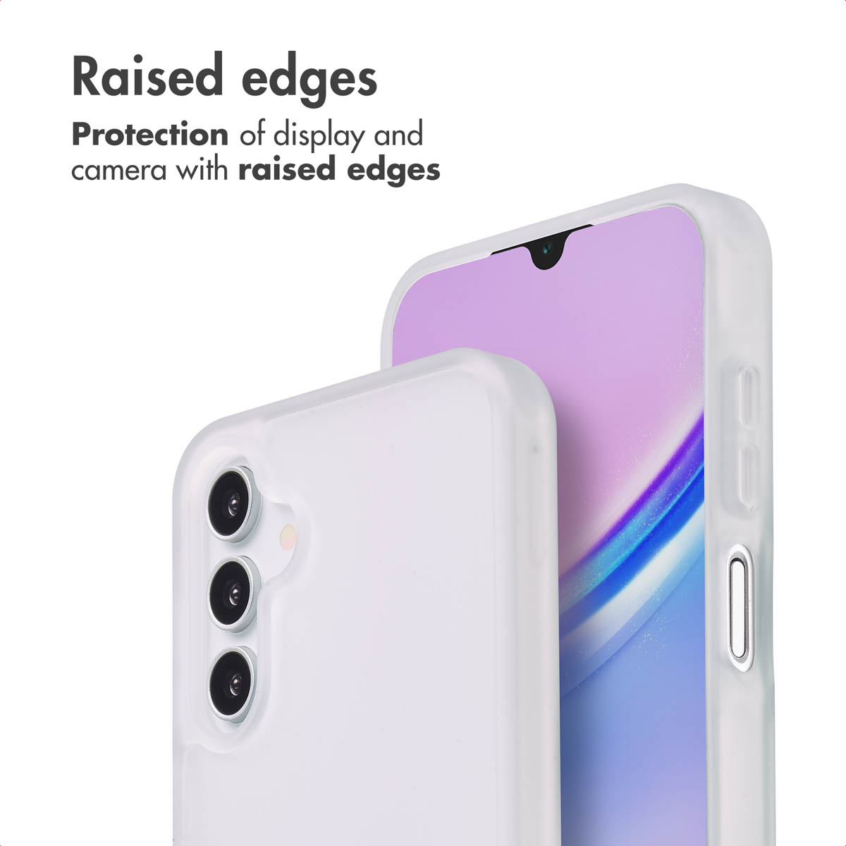 Funda de móvil con bordes elevados para proteger pantalla y cámara.