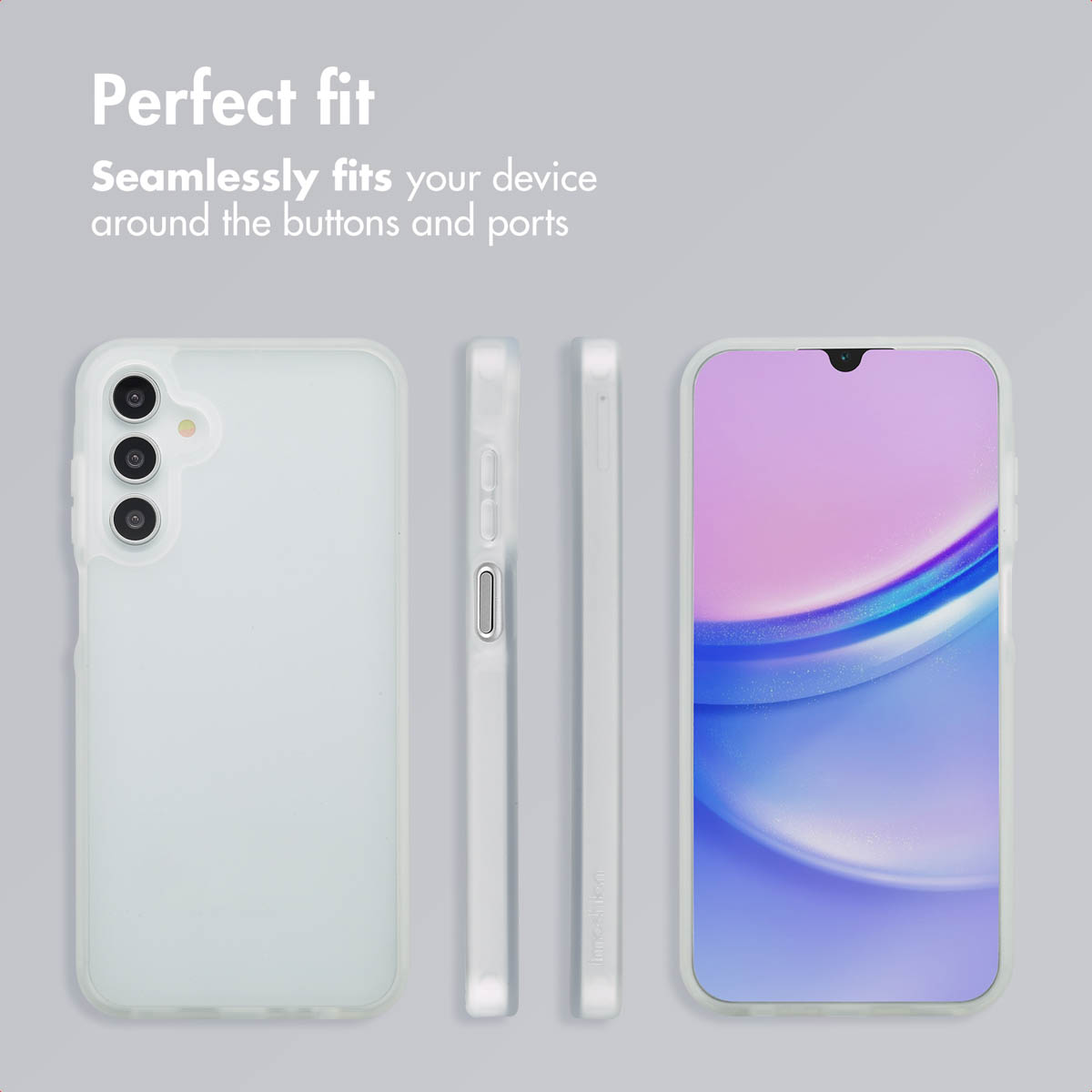 Una funda mate para teléfono en varias vistas destaca los recortes precisos para botones y puertos.