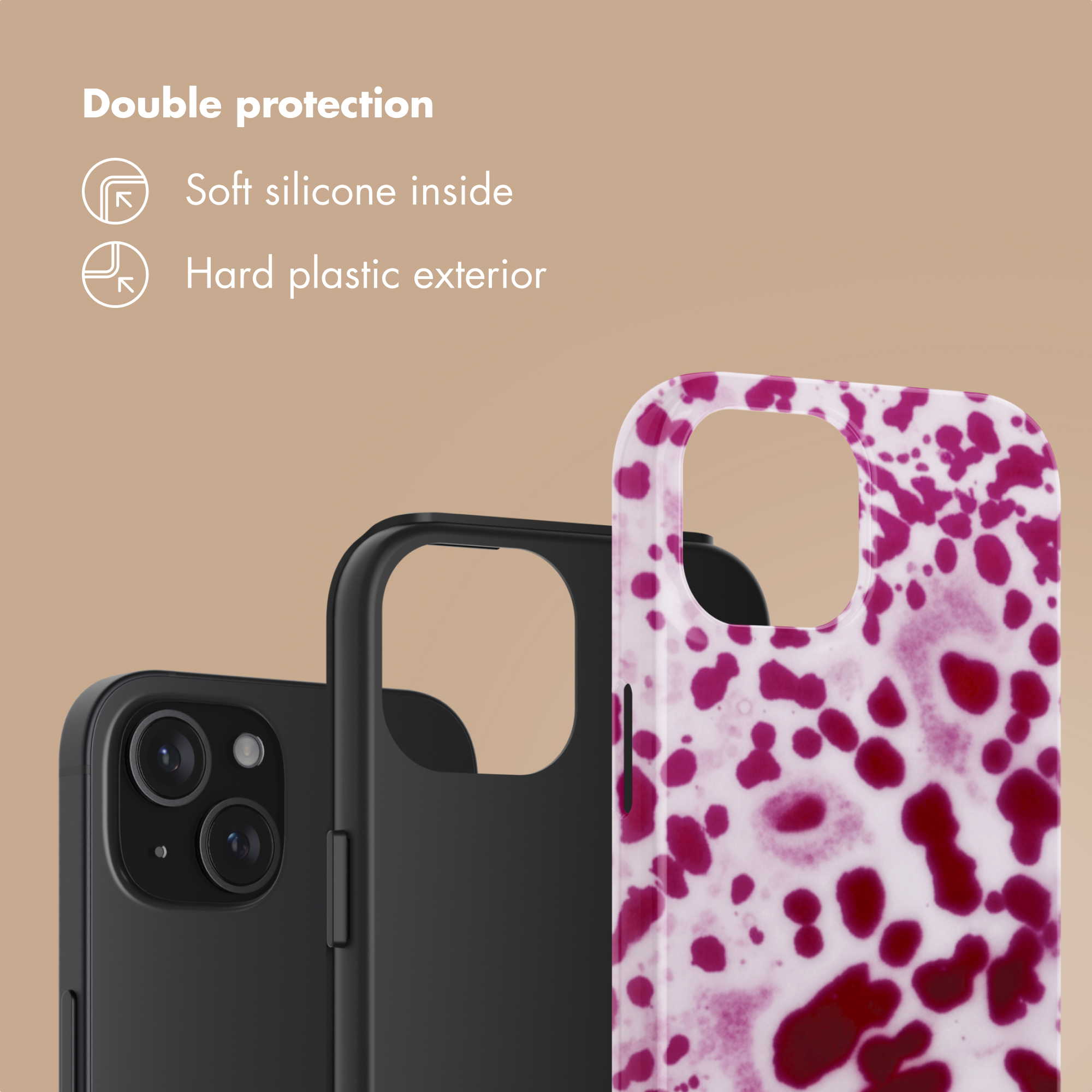 Doppia protezione: silicone morbido all'interno, esterno in plastica rigida, con cover.
