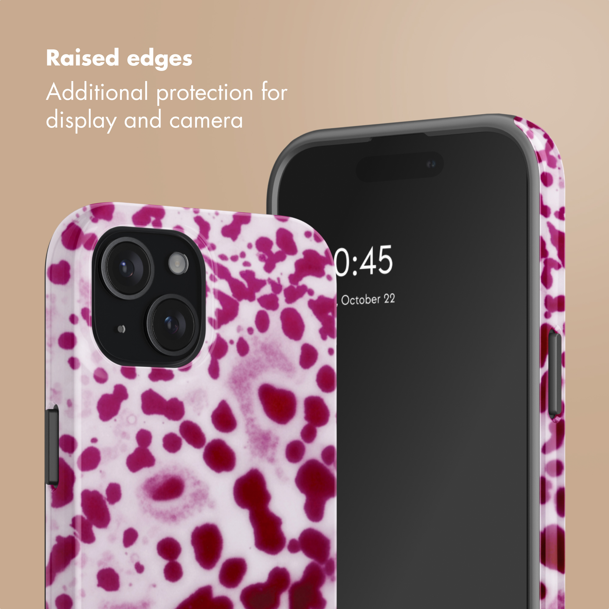 Smartphone con motivo a macchie rosa e testo sui bordi rialzati.