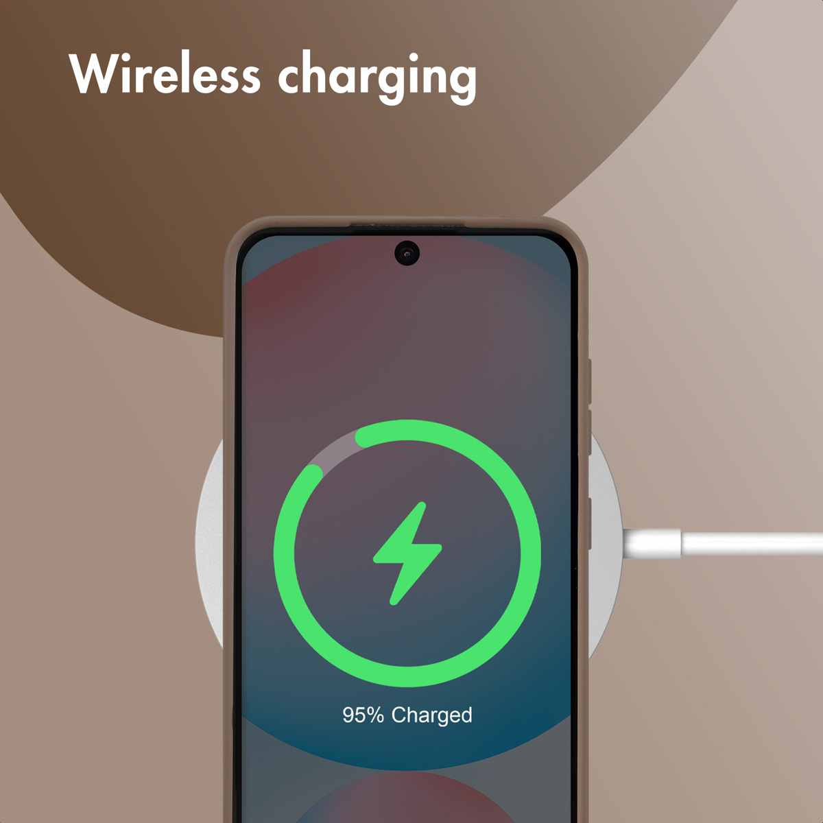 A smartphone on a wireless charging pad showing 95 percent charged with a green lightning bolt icon.