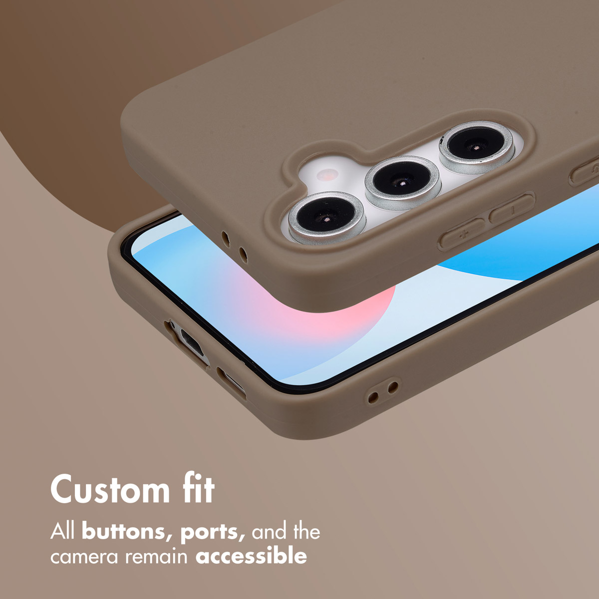 A smartphone in a light brown protective case shows the camera cutouts and side buttons.