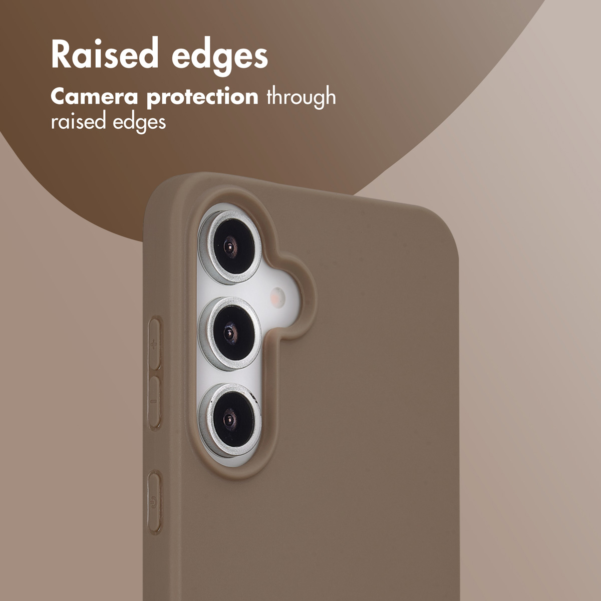A close-up of a brown phone case showing raised edges around the three vertical camera lenses.
