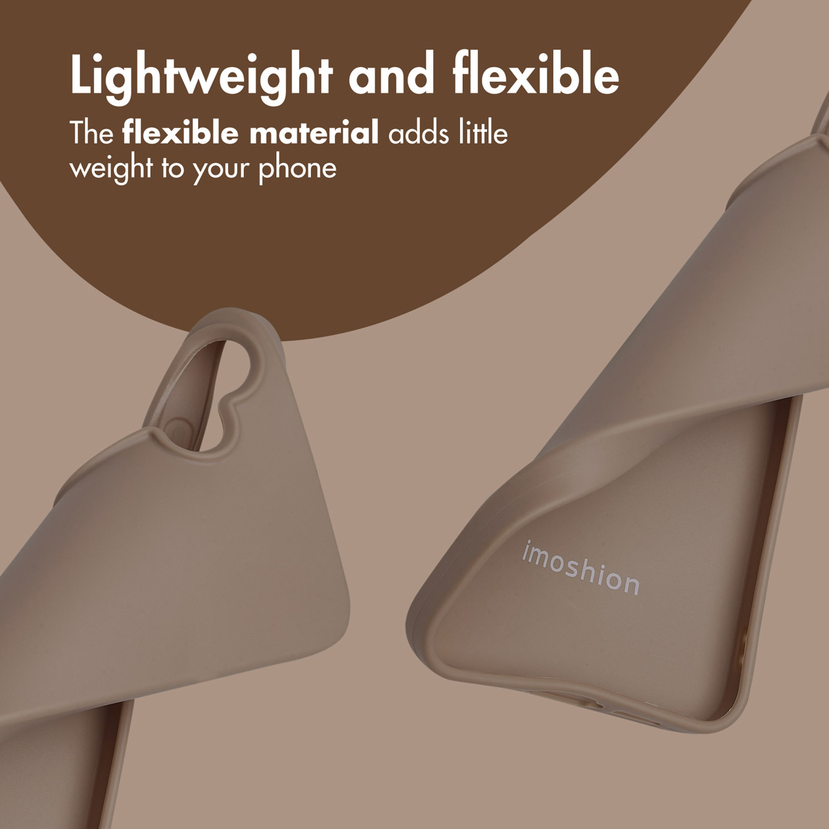 Beige, flexible phone cases bent and twisted on brown and beige background, text at top.