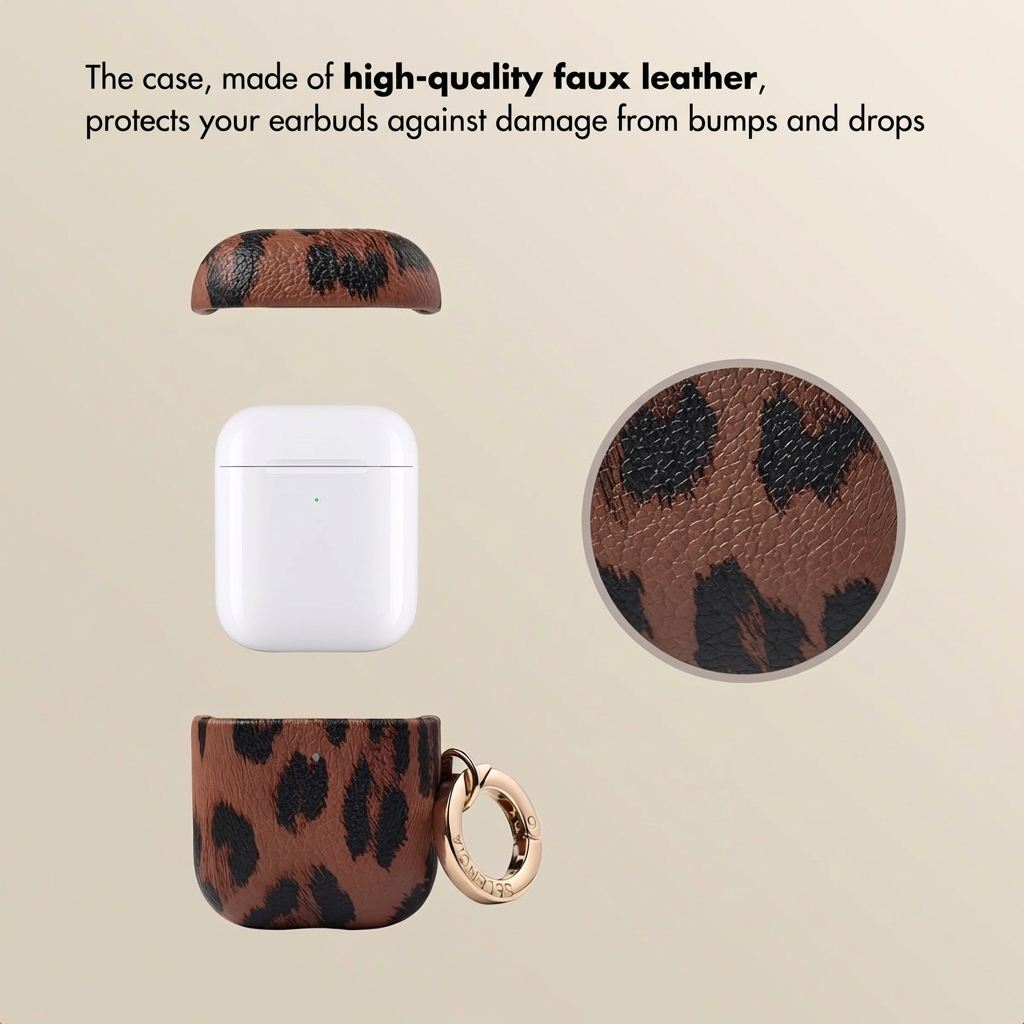 Funda de cuero con estampado de leopardo para auriculares, con anillo dorado.