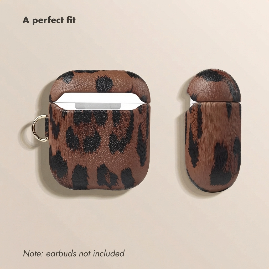 Funda para AirPods con estampado de leopardo y anilla, vista frontal y lateral sobre fondo neutro.