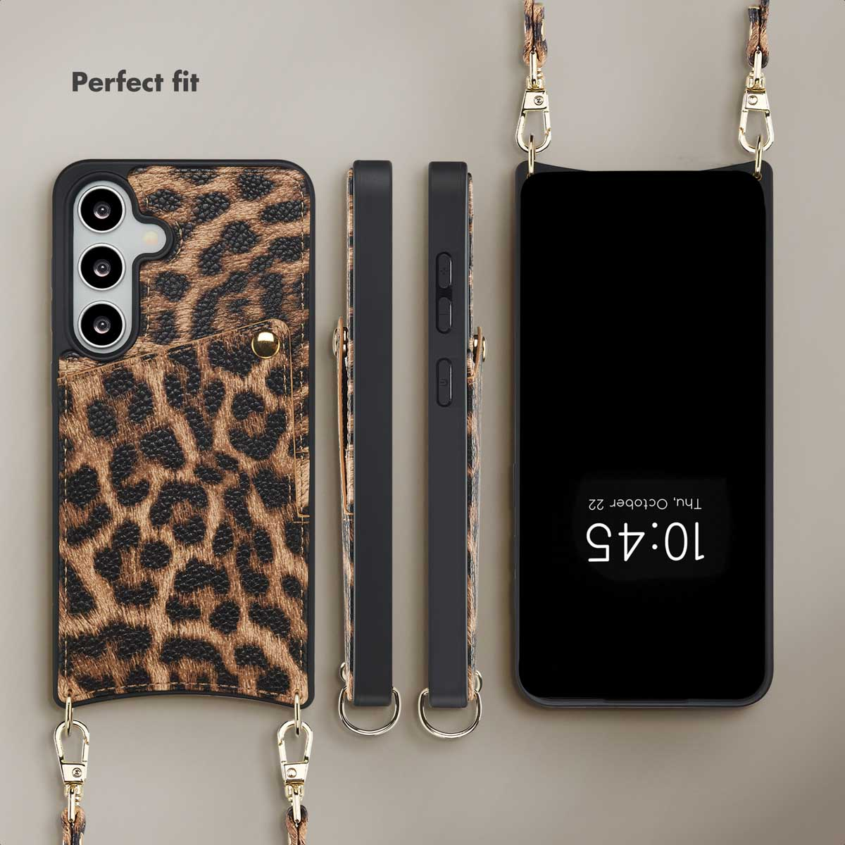 Custodia per smartphone leopardata con laccio, foro fotocamera e tasca.