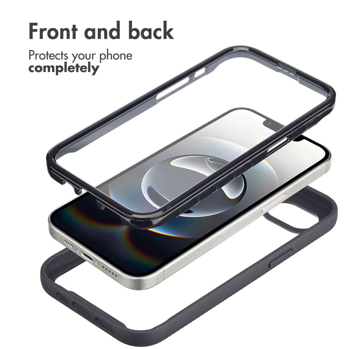 Vista esplosa di una custodia protettiva in due pezzi che racchiude uno smartphone.
