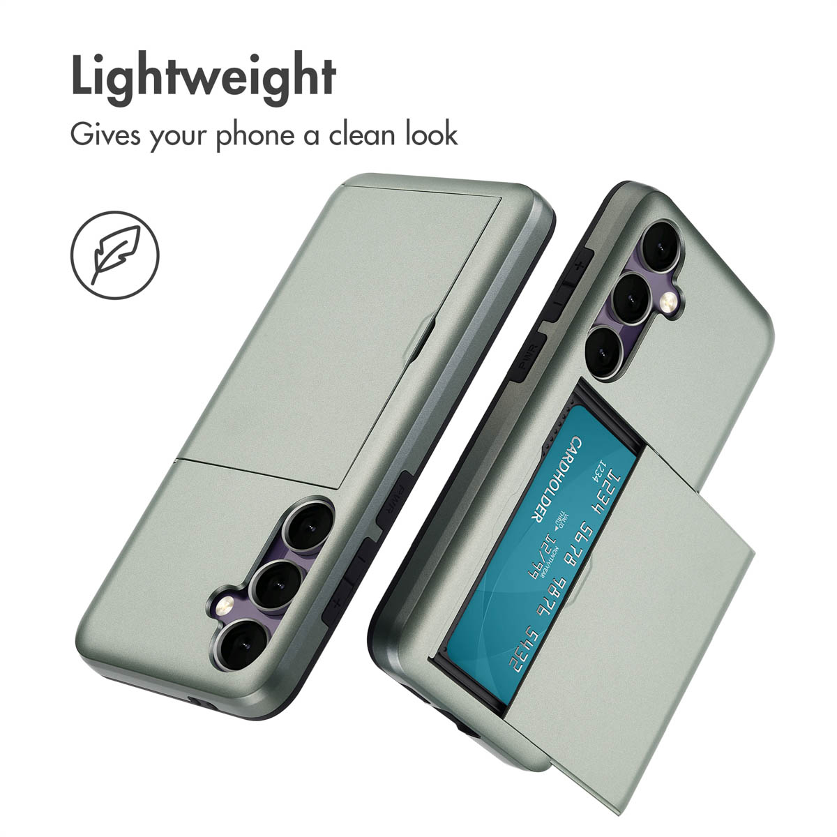 Zwei graue Smartphone-Hüllen, eine mit integriertem Kartenfach und sichtbarer Kreditkarte, dazu Text oben.