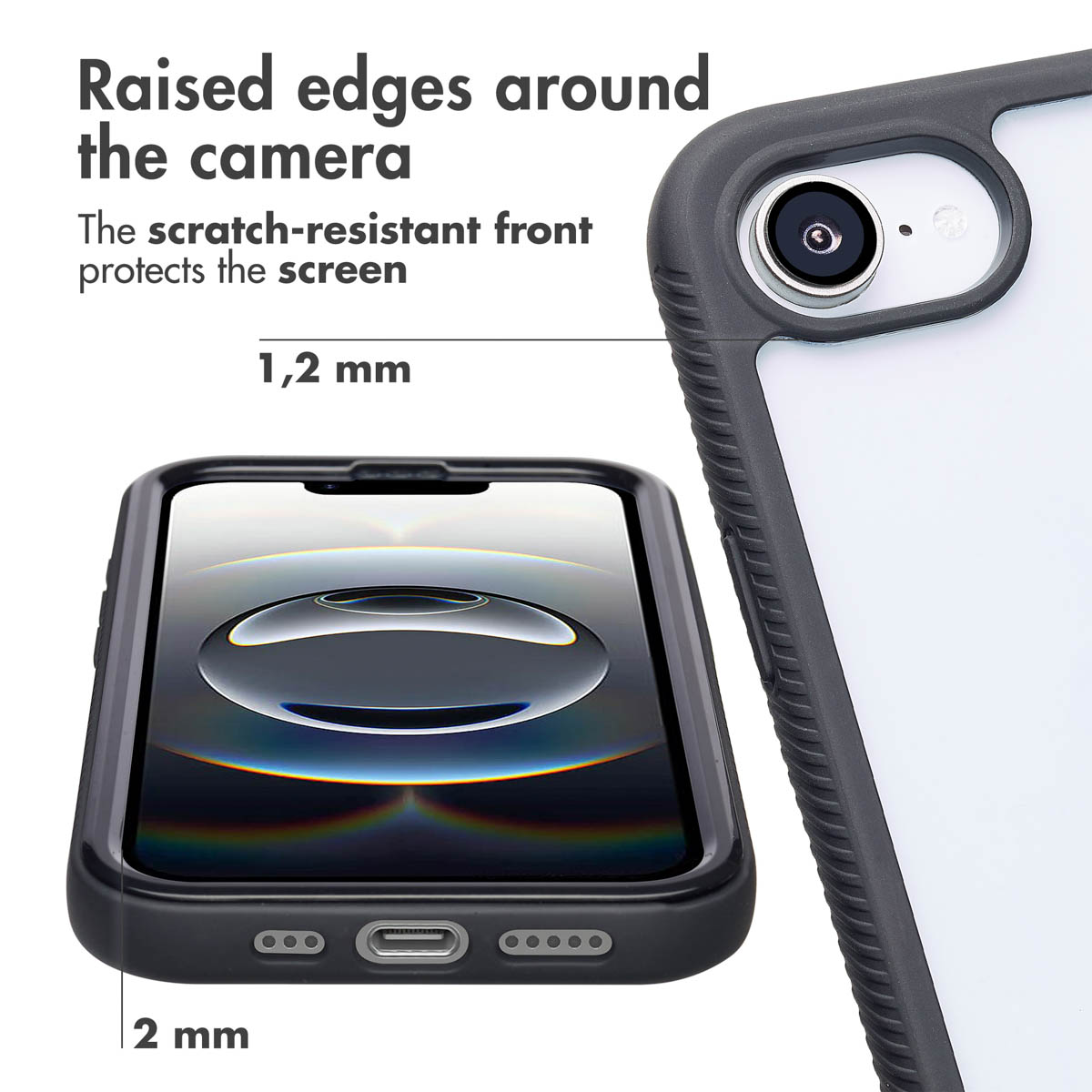 Smartphone con custodia protettiva che mostra bordi rialzati attorno a fotocamera e schermo.
