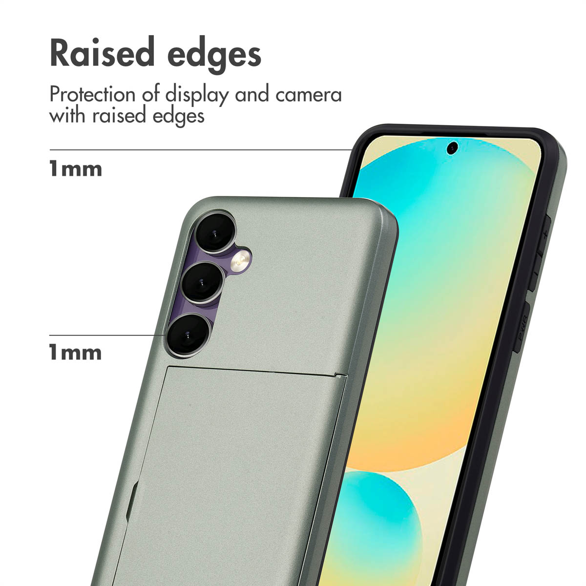 Grünes Smartphone mit Schutzhülle, das erhöhte Ränder für Display- und Kameraschutz zeigt.