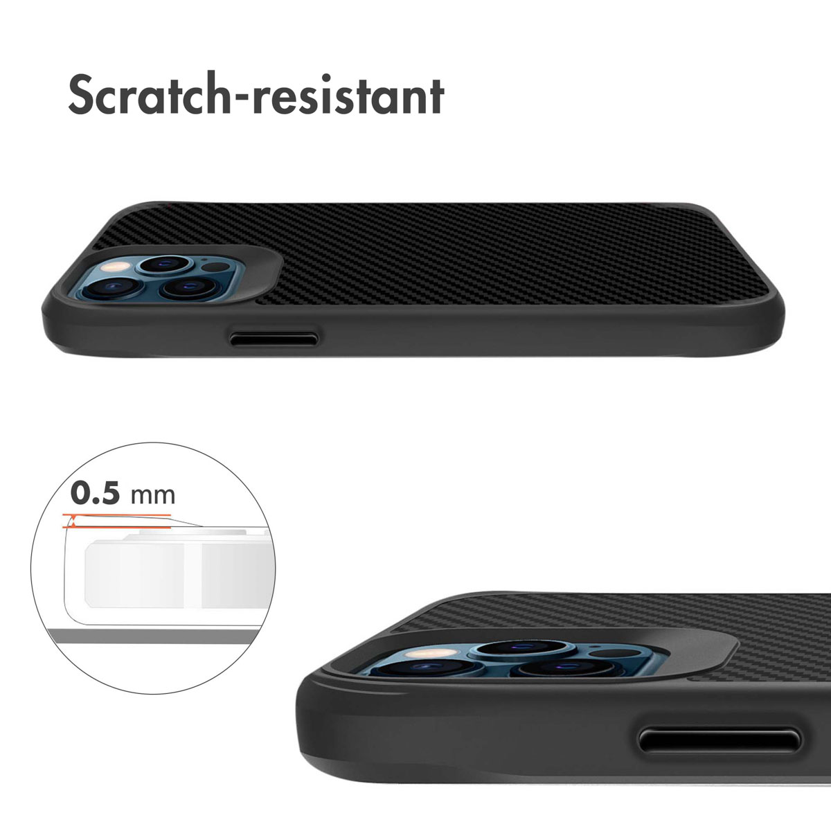 Fundal móvil negra con patrón de carbono, recorte triple y detalle de protección de 0,5 mm.