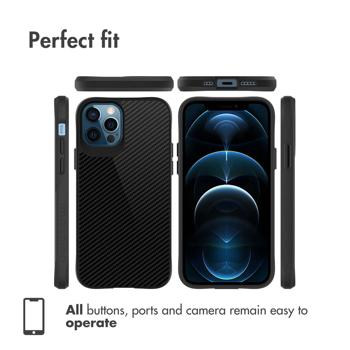 Funda protectora de carbono negra para iPhone con aberturas para botones, puertos y cámara.