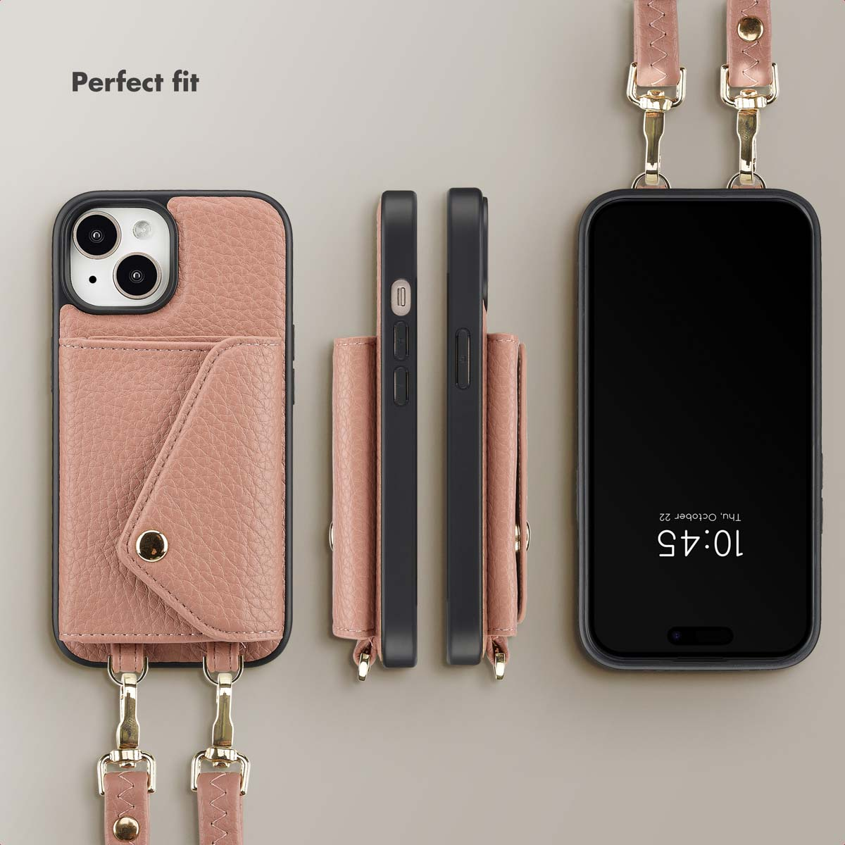 Roze lederen telefoonhoesje met kaartzak en band, vanuit meerdere hoeken bekeken.