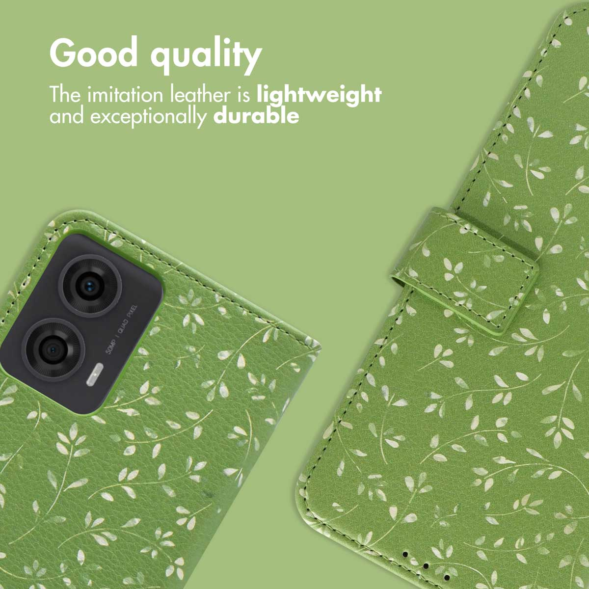 Funda de móvil verde con patrón de hojas y texto sobre su cuero sintético ligero y duradero.