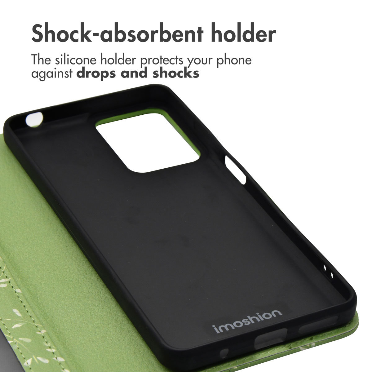 Una funda verde tipo libro con soporte interior de silicona negra y texto arriba.