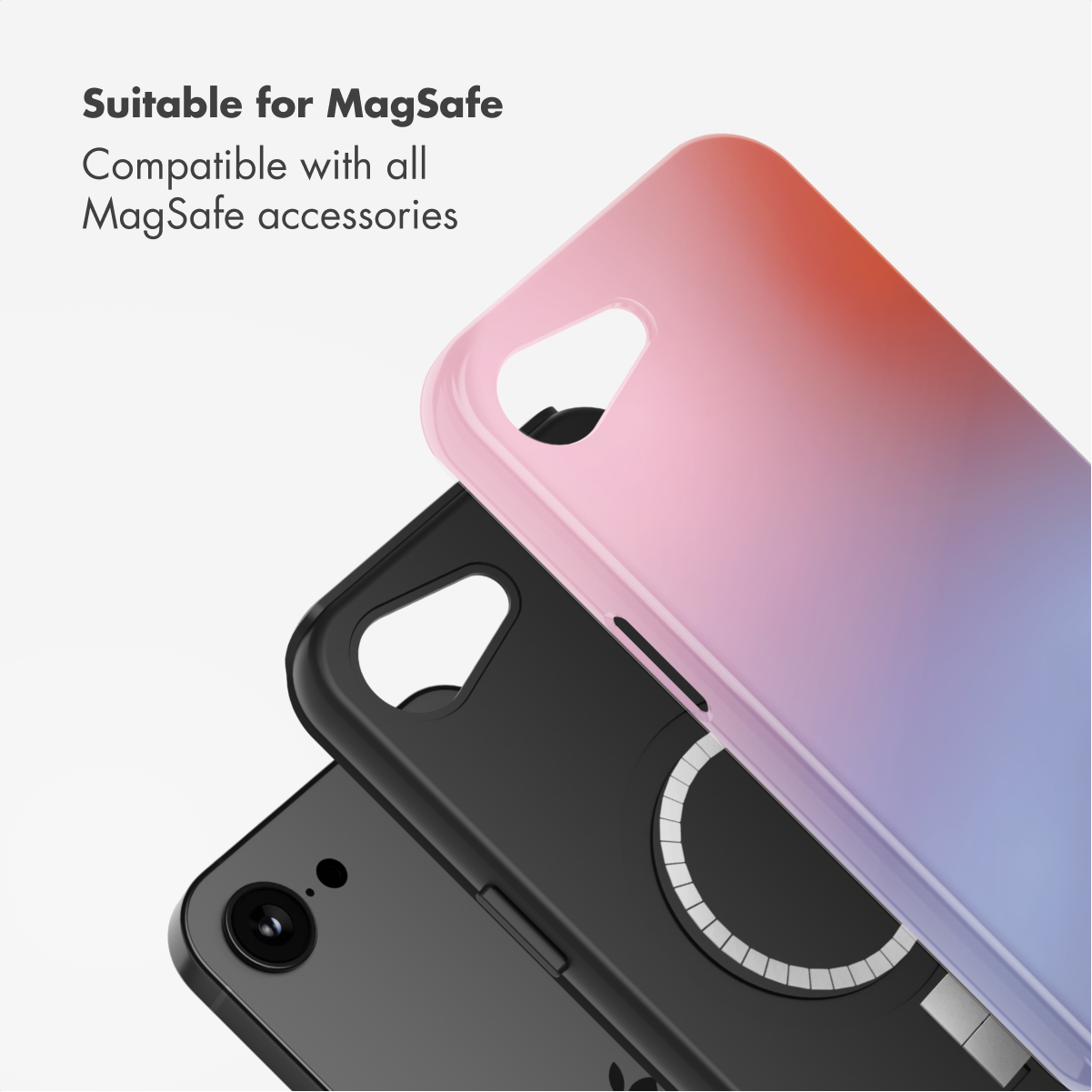 Due cover per telefono, una sfumata rosa-azzurro e una nera con anello magnetico MagSafe.