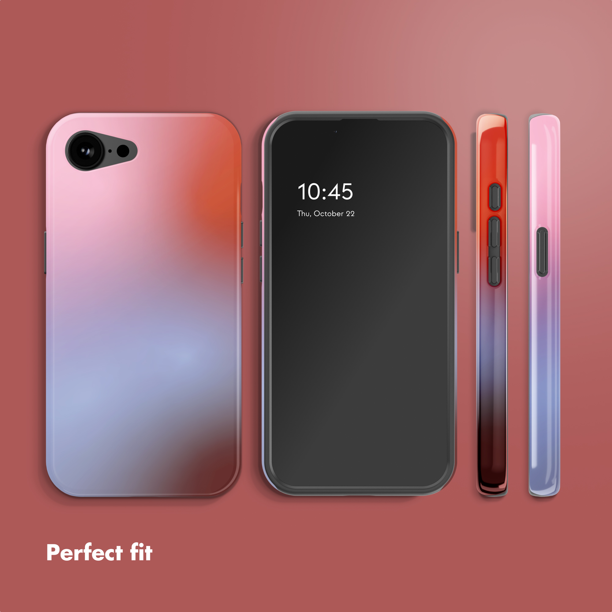 Varie viste di una custodia per smartphone sfumata su sfondo rosso.