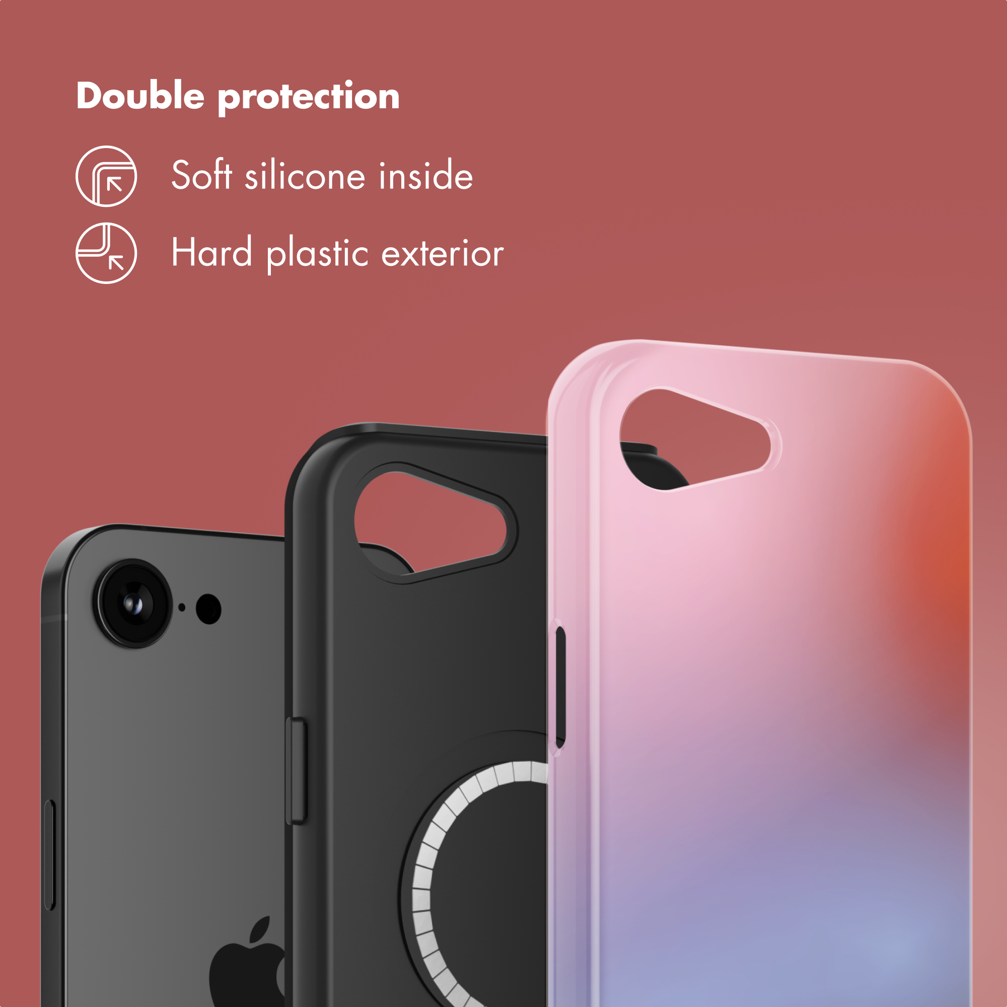 Un iPhone con custodia nera e sfumata rosa-azzurro, interno in morbido silicone ed esterno in plastica rigida.