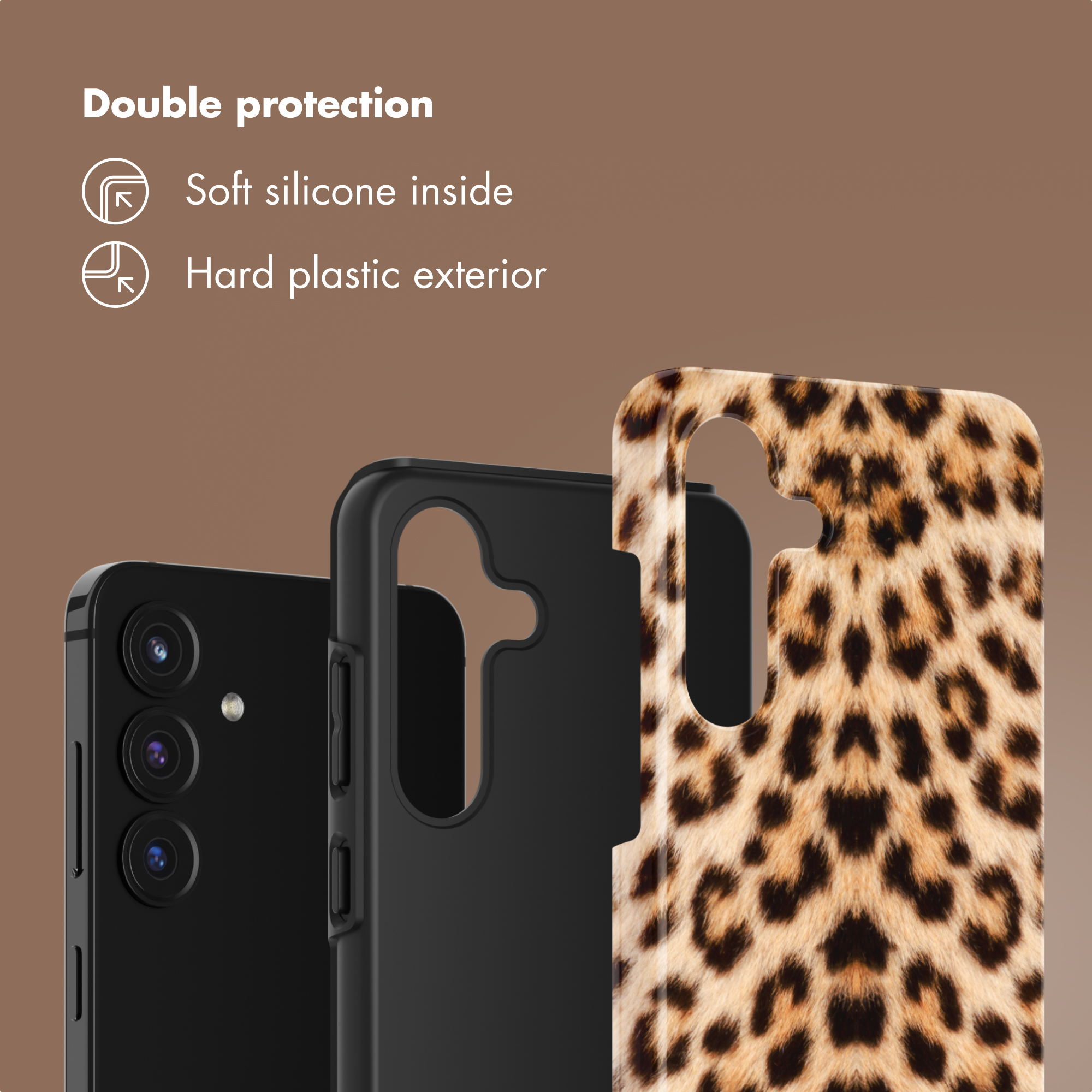 Anuncio de doble protección: teléfono con silicona negra por dentro y exterior de plástico con estampado de leopardo.