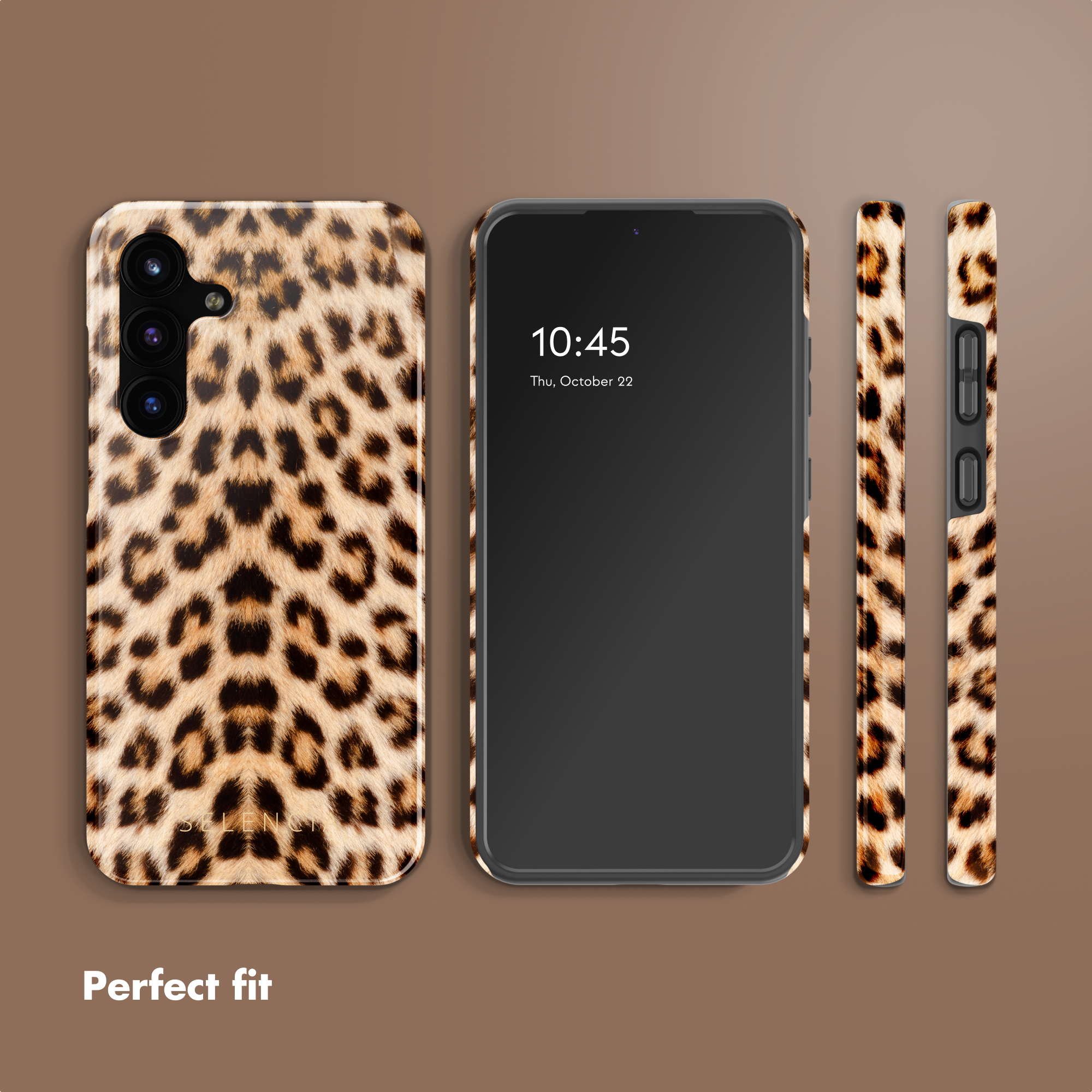 Un teléfono muestra vistas frontal, trasera y lateral con funda de guepardo sobre fondo marrón.