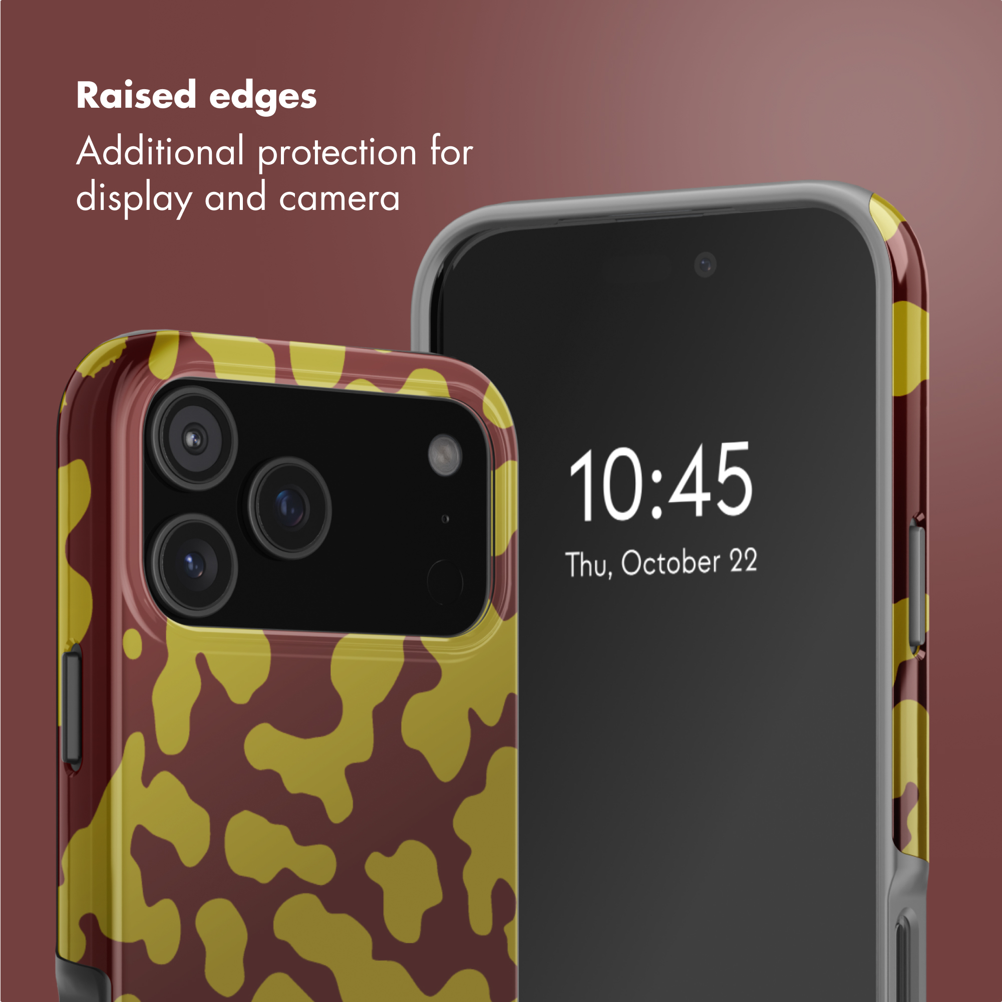Zwei Smartphones in braun-gelben Camouflage-Hüllen vor braunem Hintergrund.