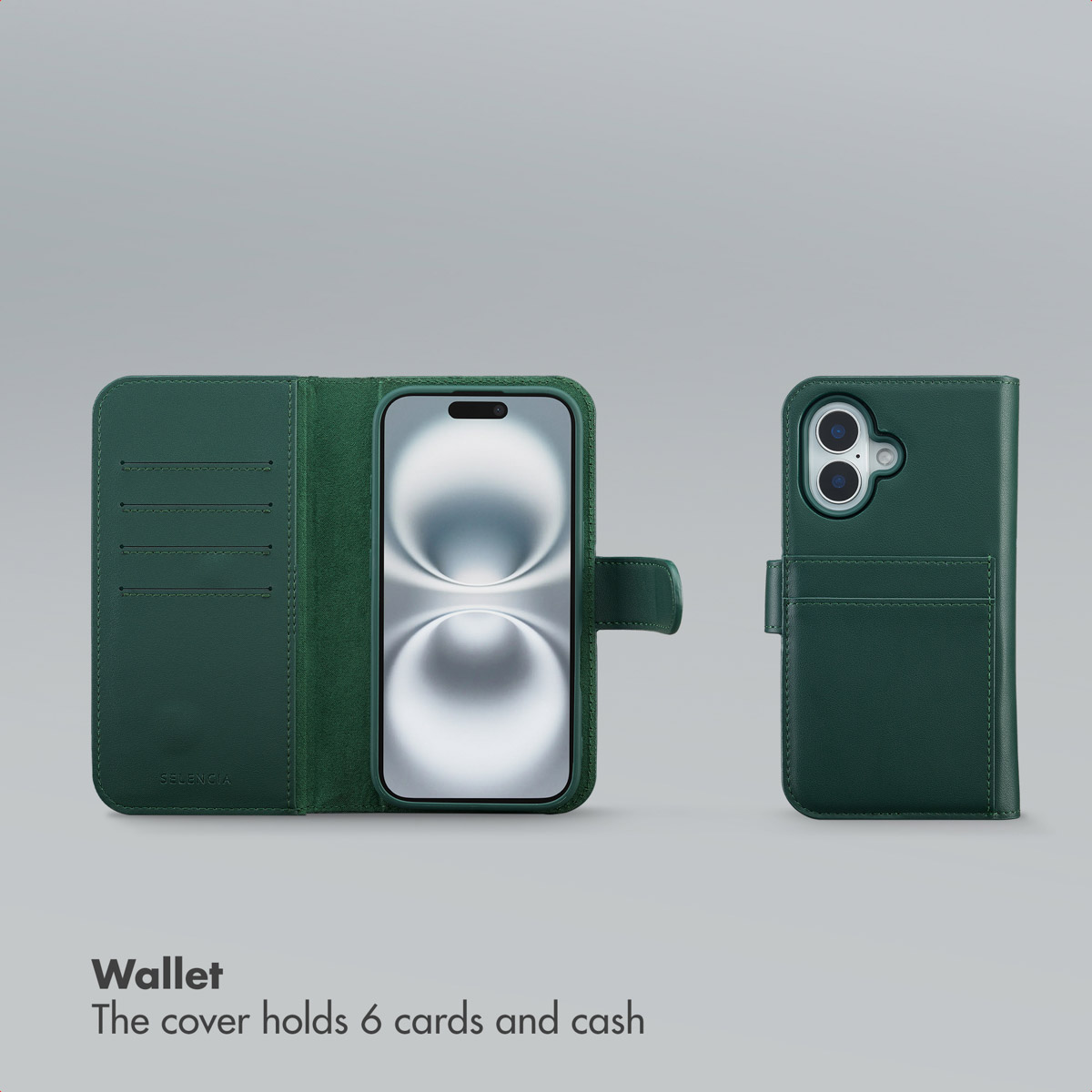 Una custodia a portafoglio in pelle verde scuro aperta con telefono e chiusa dal retro.