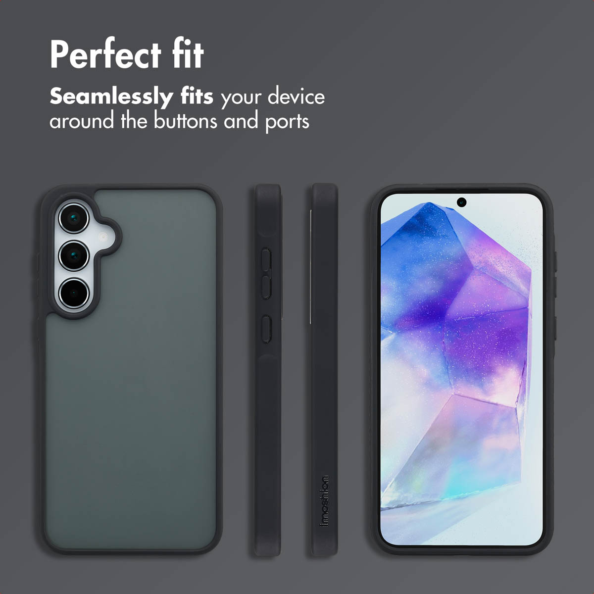 Fundas oscuras de smartphone vistas desde atrás, de lado y de frente sobre un fondo gris con texto.