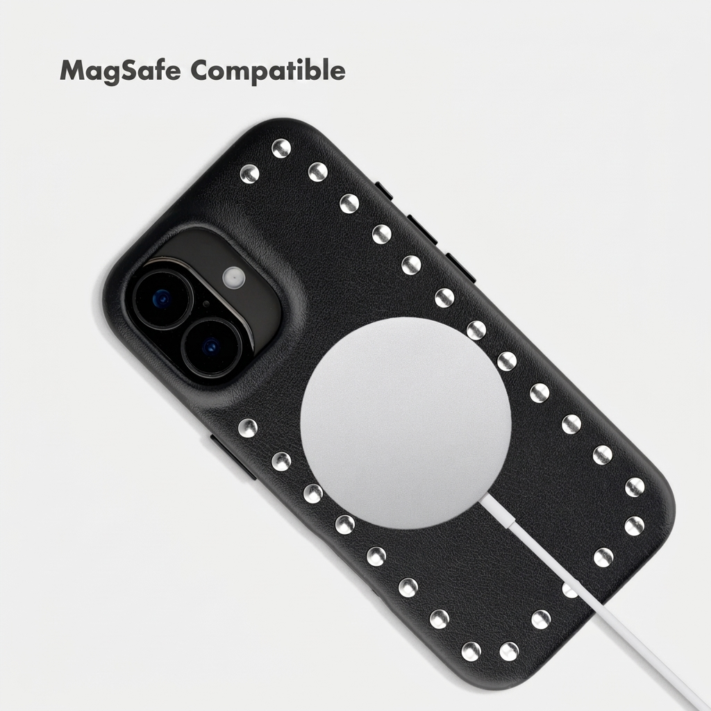 Schwarze Handyhülle mit silbernen Nieten, MagSafe-Kompatibilität und Ladekabel.