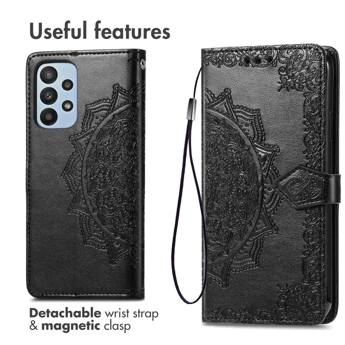 Étui de téléphone en cuir noir avec motif mandala gaufré, dragonne et fermoir magnétique sur fond blanc.