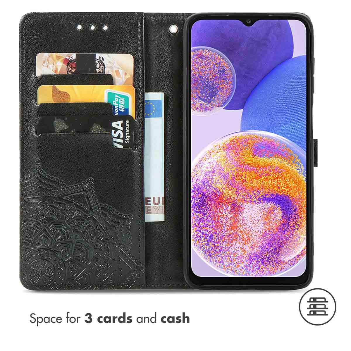 Étui de téléphone en cuir noir avec gaufrage mandala, trois fentes pour cartes, une poche à billets et un smartphone.