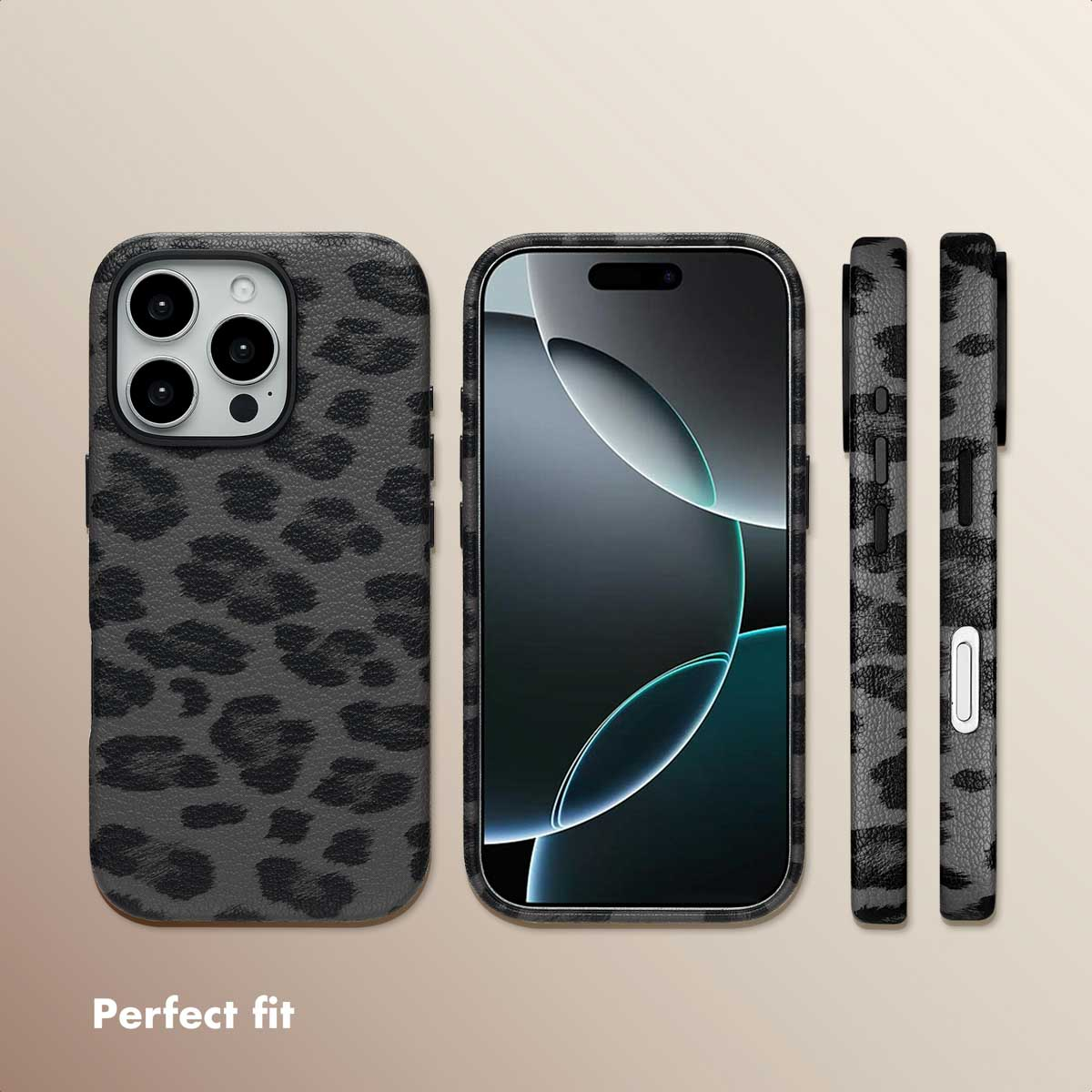 Custodia per telefono grigia con stampa leopardo nera mostrata su uno smartphone da più prospettive.