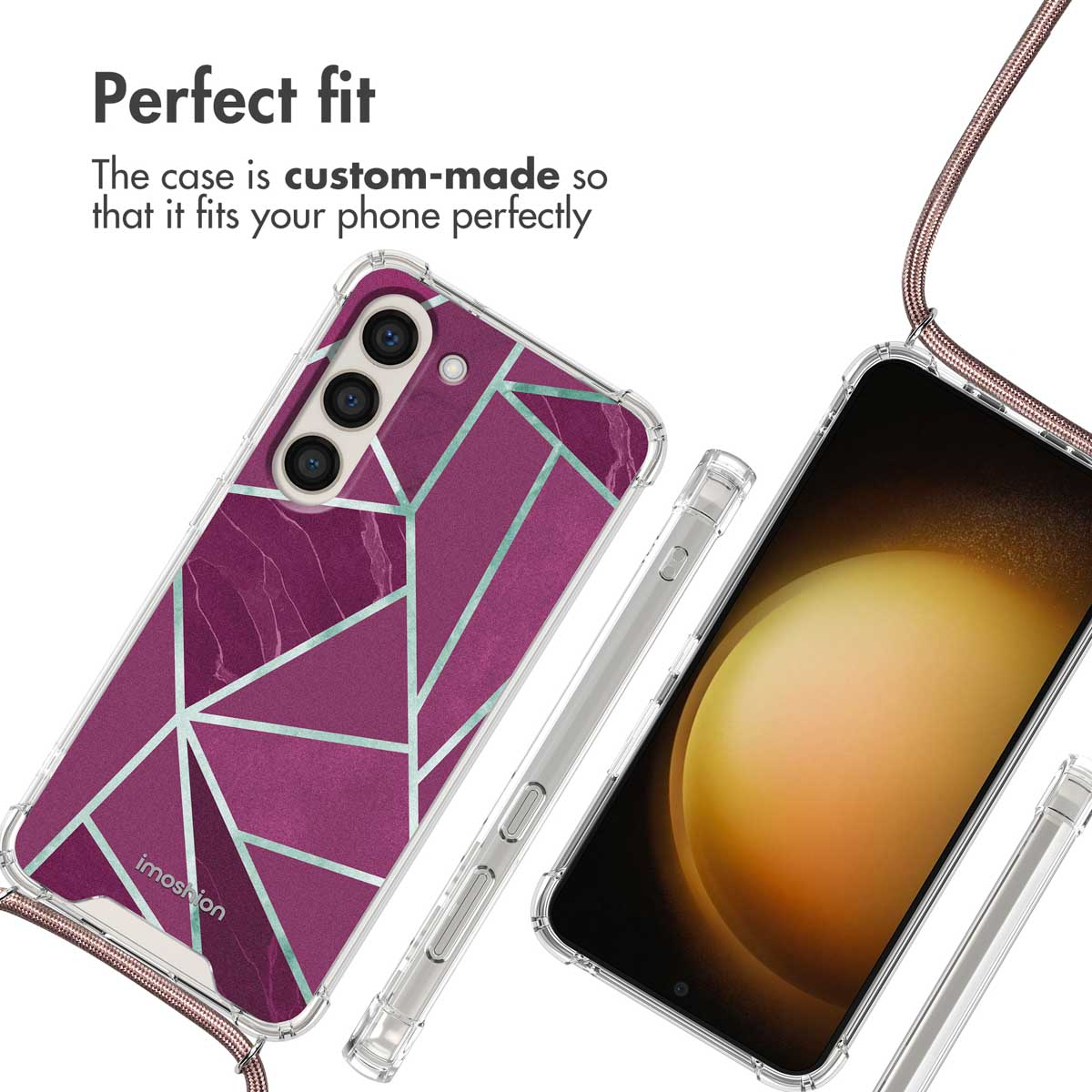 Coque de téléphone en marbre violet avec motif géométrique et sangle.
