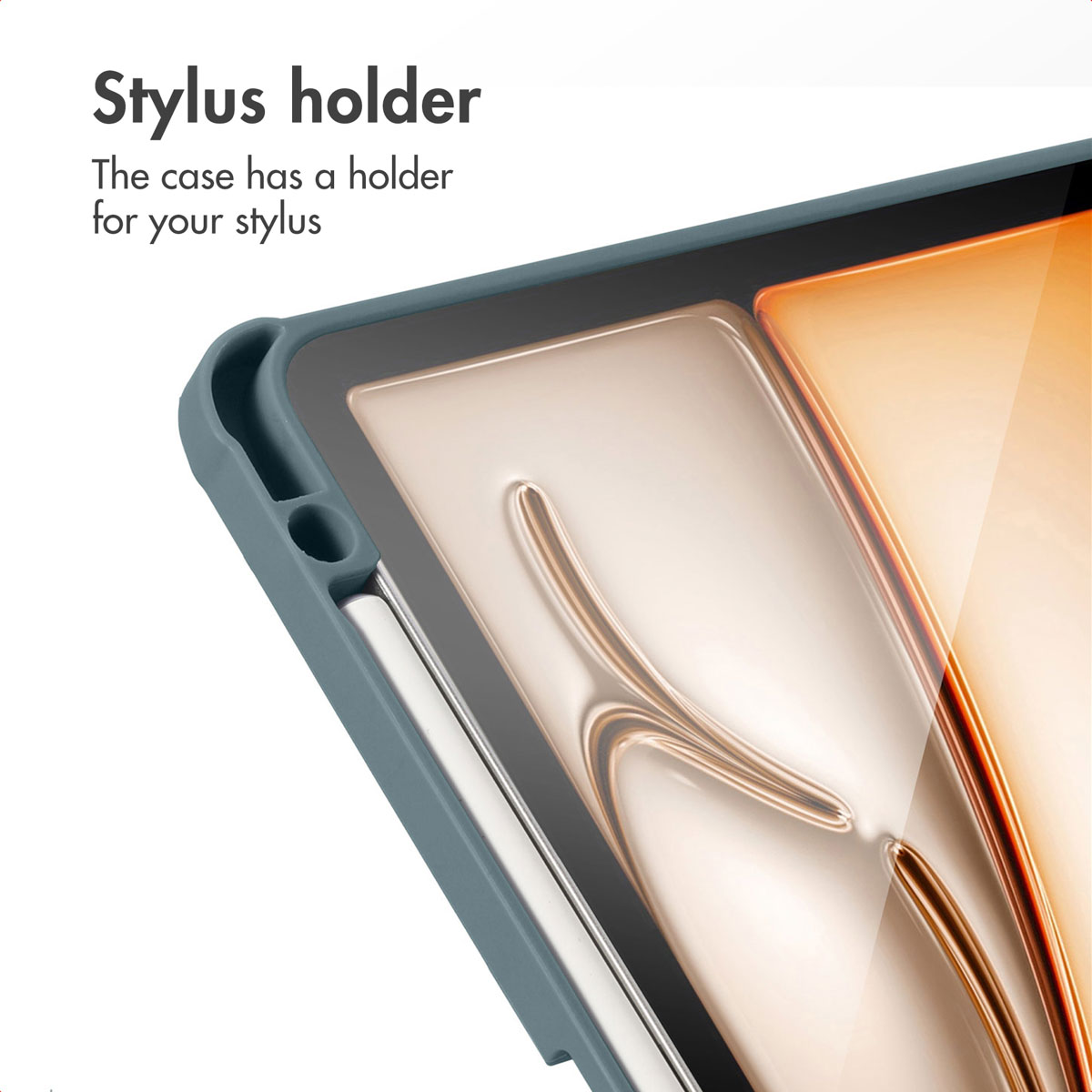 Een tablethoes met een ingebouwde stylusouder en een witte stylus.