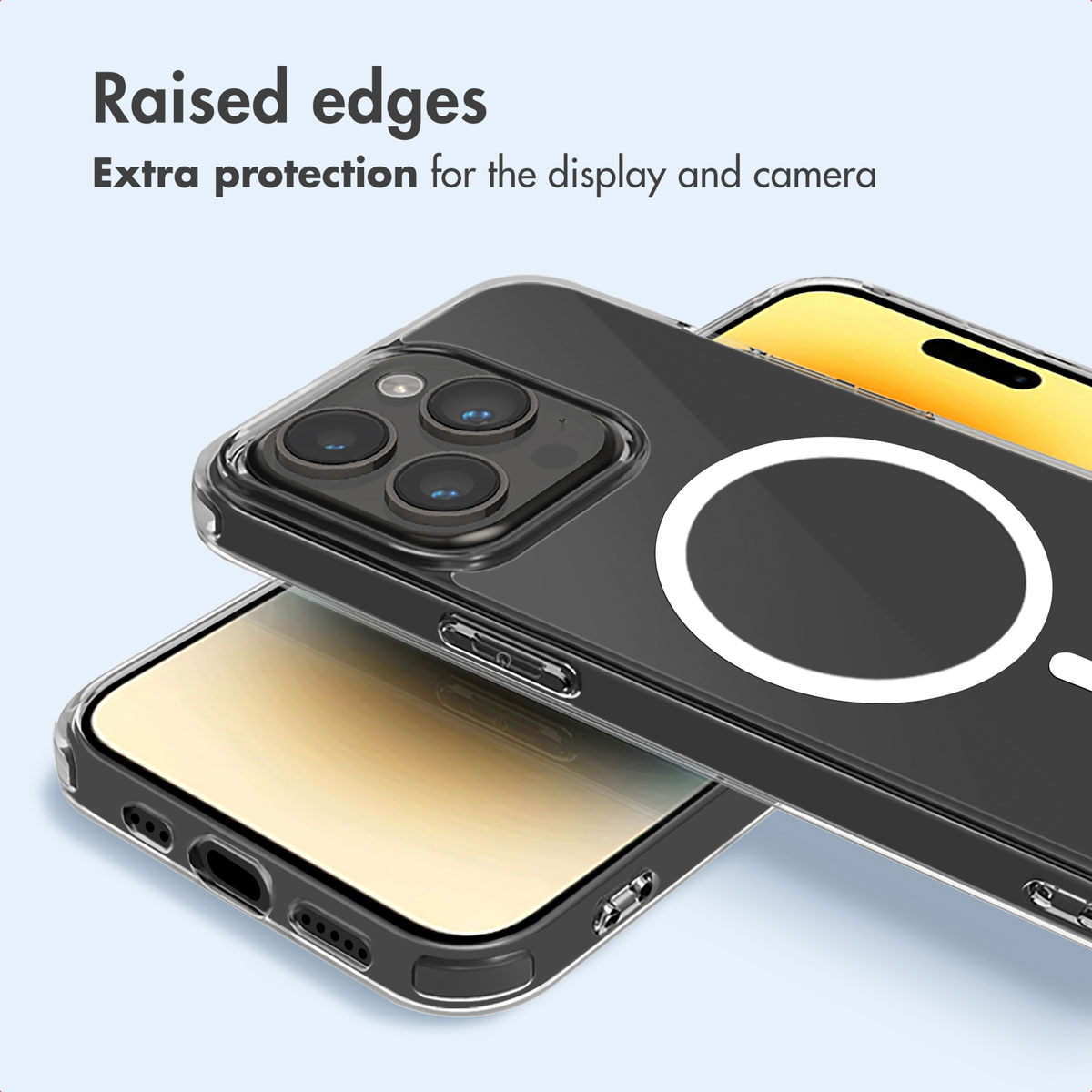 Due smartphone in custodie trasparenti con anello magnetico su sfondo blu. Testo: Raised edges.
