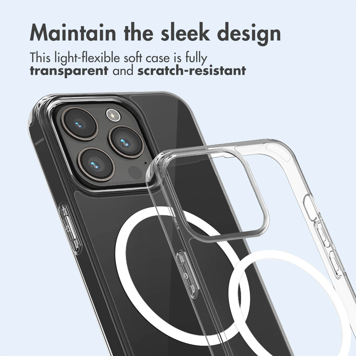 Una custodia protettiva trasparente e antigraffio con un anello MagSafe viene mostrata su uno smartphone.
