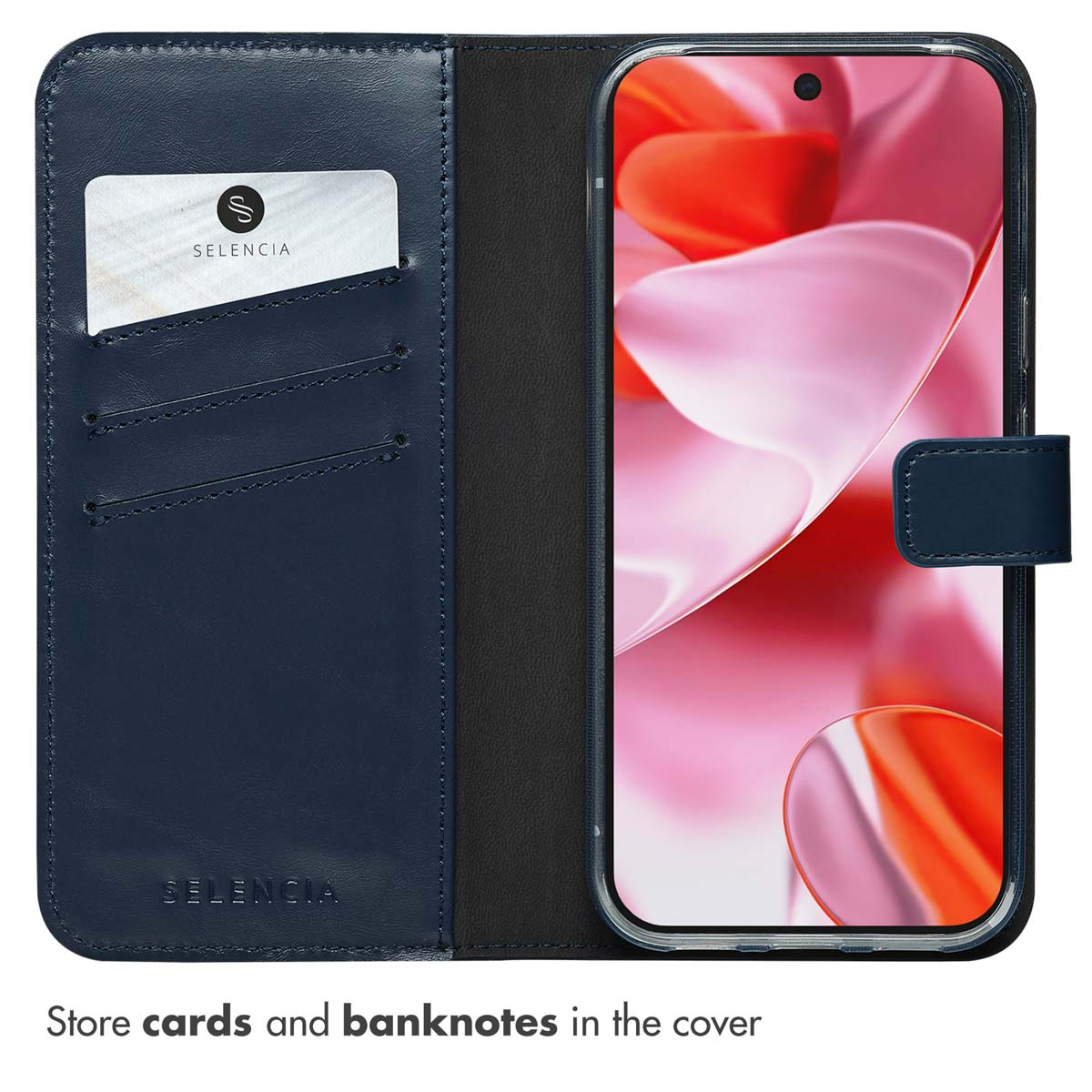 Custodia a portafoglio in pelle blu con carte e smartphone.
