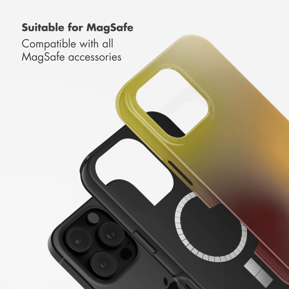 Due cover per smartphone, una giallo-oro e una nera con anello MagSafe, su sfondo bianco.