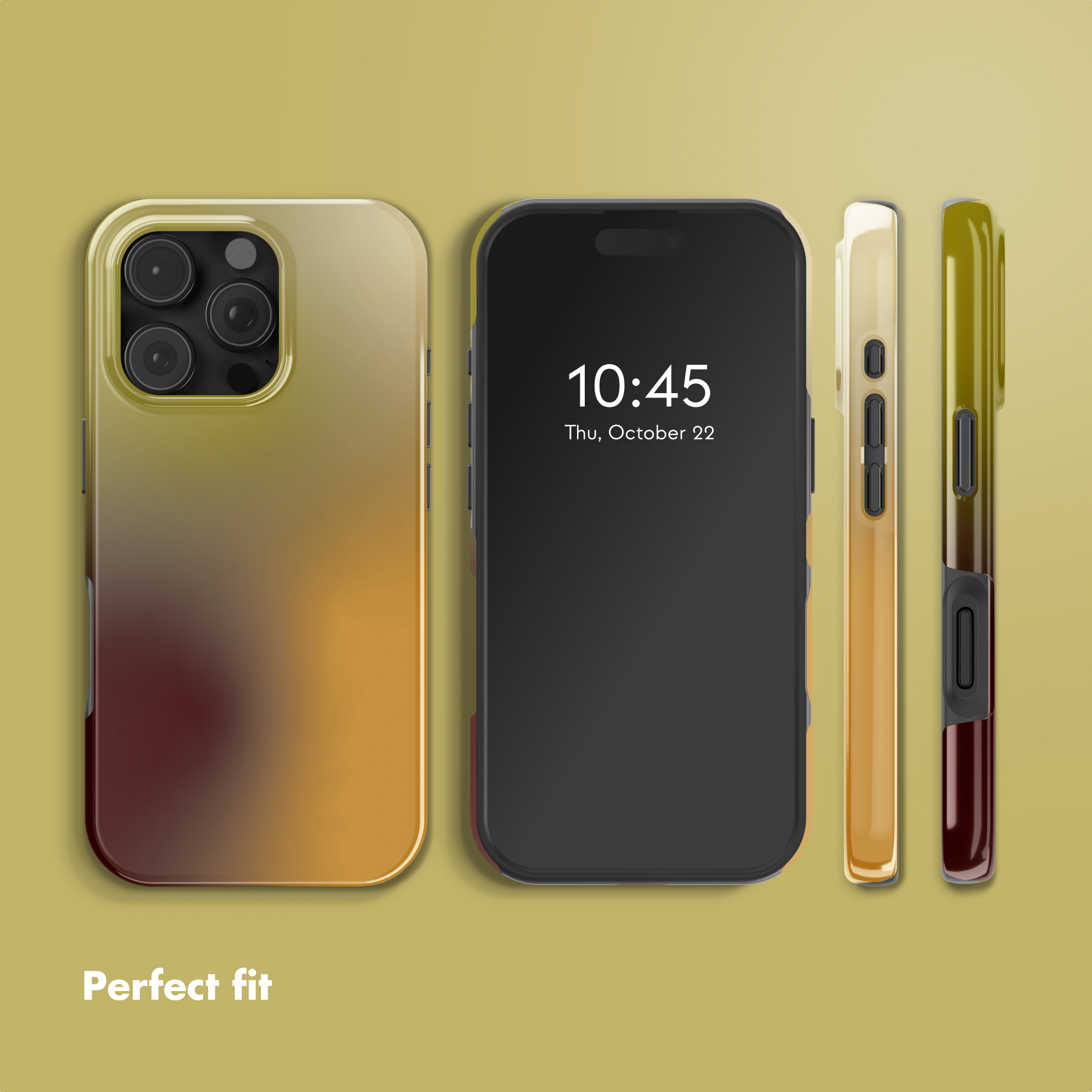 Uno smartphone e la sua custodia nei toni del oro e del marrone mostrati da varie angolazioni su sfondo verde.