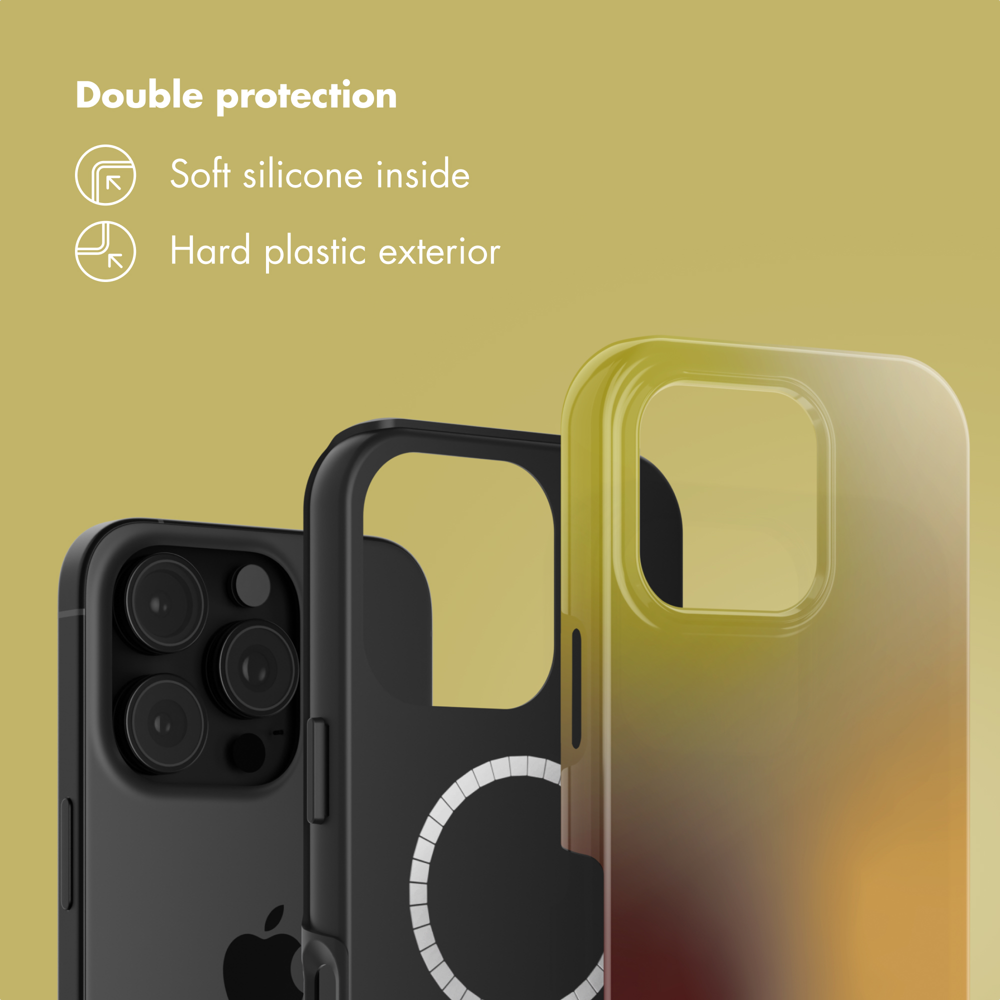 Doppia protezione con silicone morbido all'interno e plastica rigida esternamente.