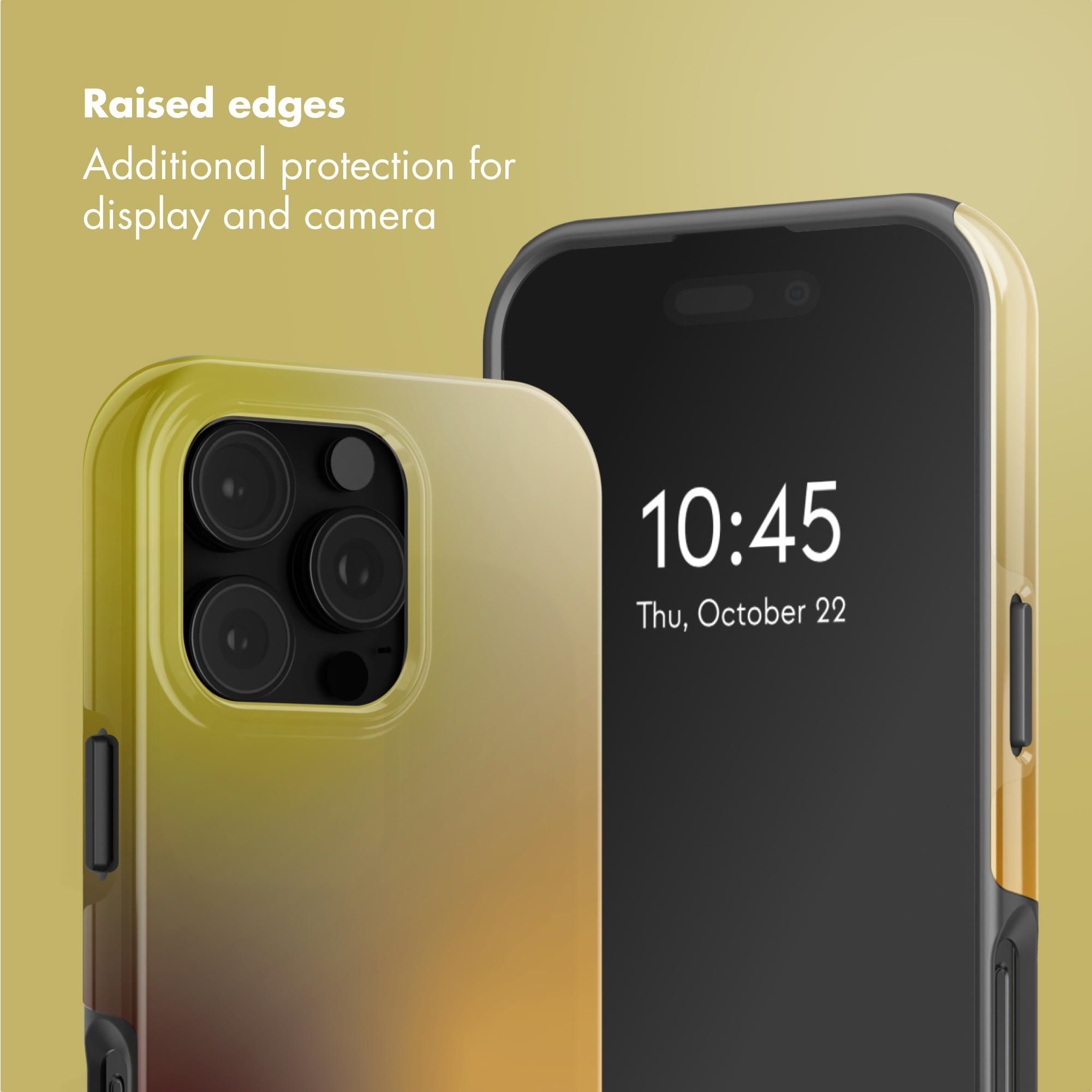 Uno smartphone in una custodia gialla con bordi rialzati per proteggere schermo e fotocamera.