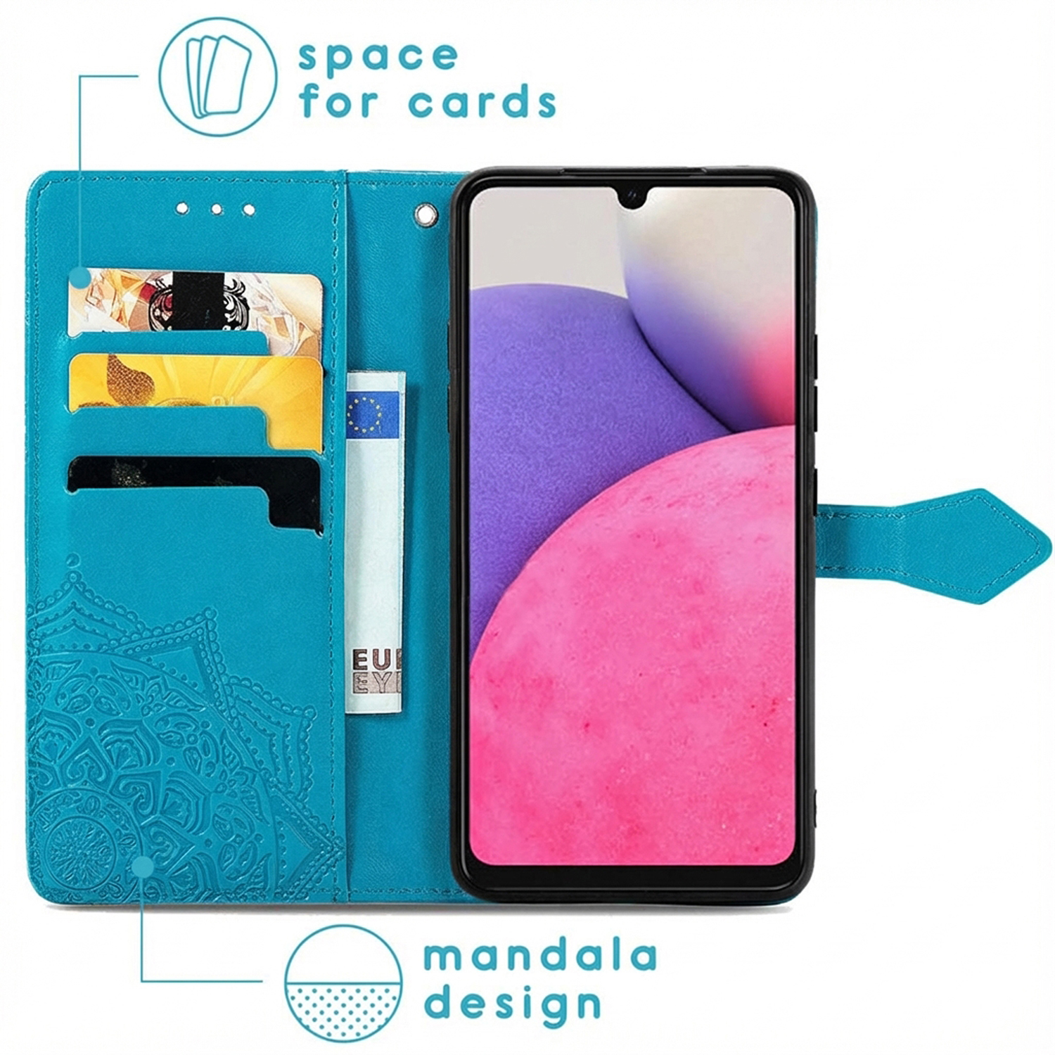 Un étui de téléphone en cuir bleu avec fentes pour cartes et motif mandala.