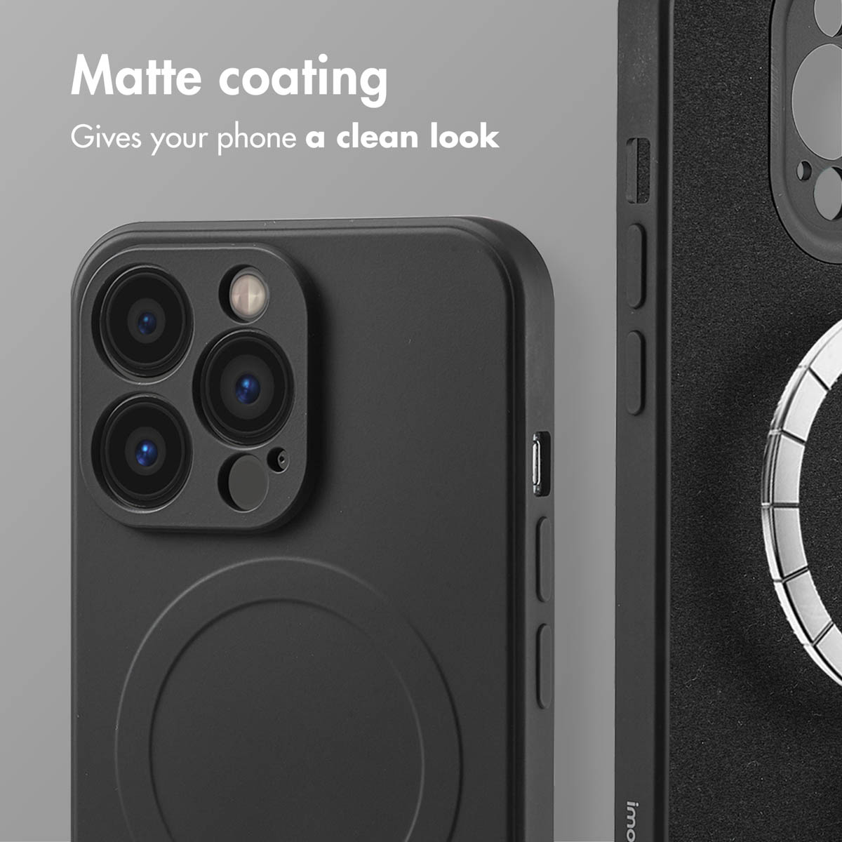 Custodia per telefono nera opaca con ritaglio per fotocamera e anello MagSafe.